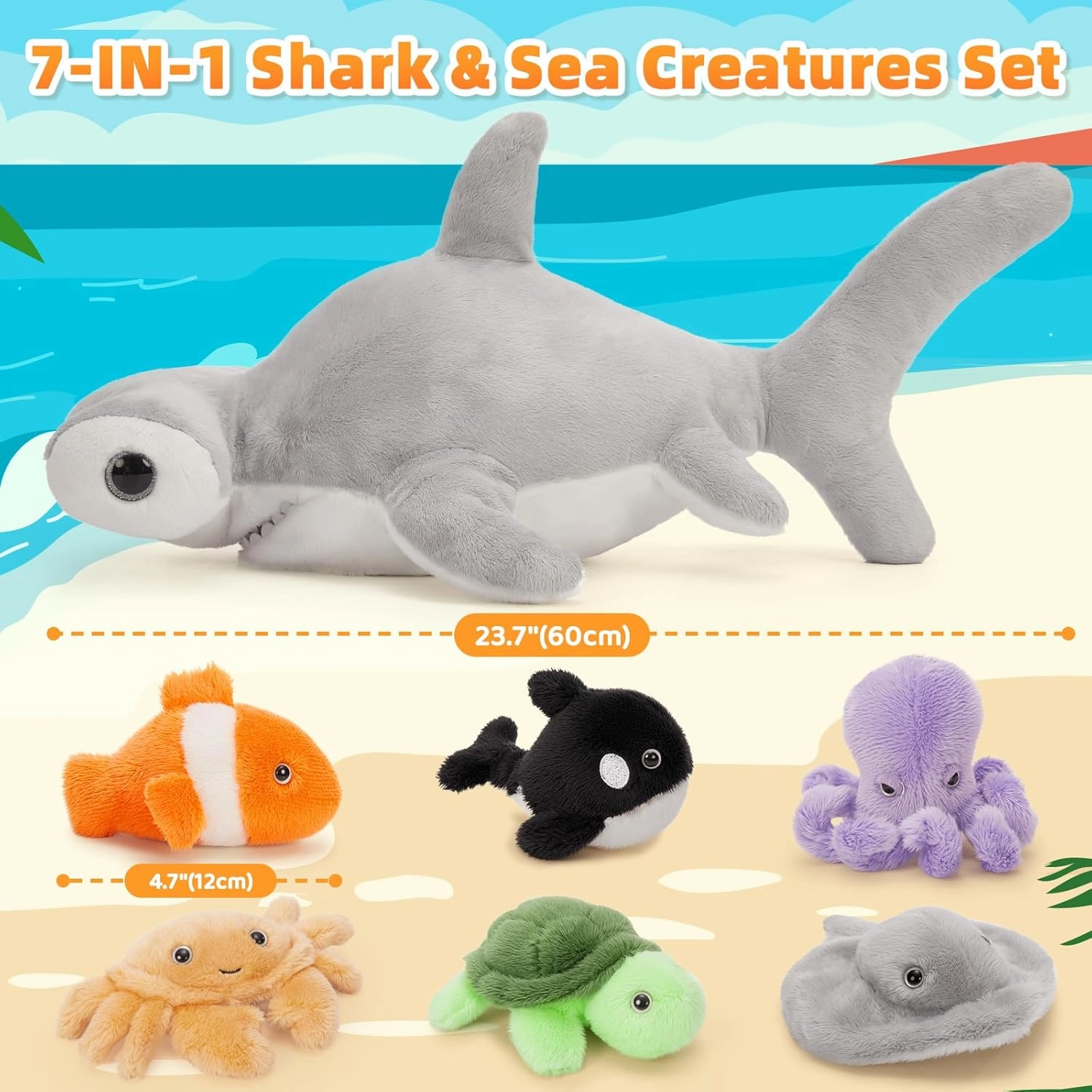 MaoGoLan 24 inch Large Hammerhead Shark Plush with 6 Marine Animals Inside No-Zipper Mouth, 7 Pack Shark Stuffed Animals Bulk for Kids Teen Girls Christmas Valentine's Day