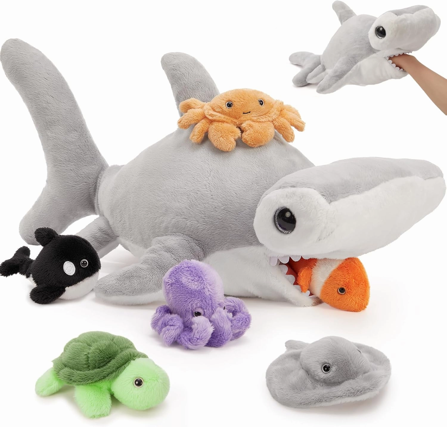 MaoGoLan 24 inch Large Hammerhead Shark Plush with 6 Marine Animals Inside No-Zipper Mouth, 7 Pack Shark Stuffed Animals Bulk for Kids Teen Girls Christmas Valentine's Day