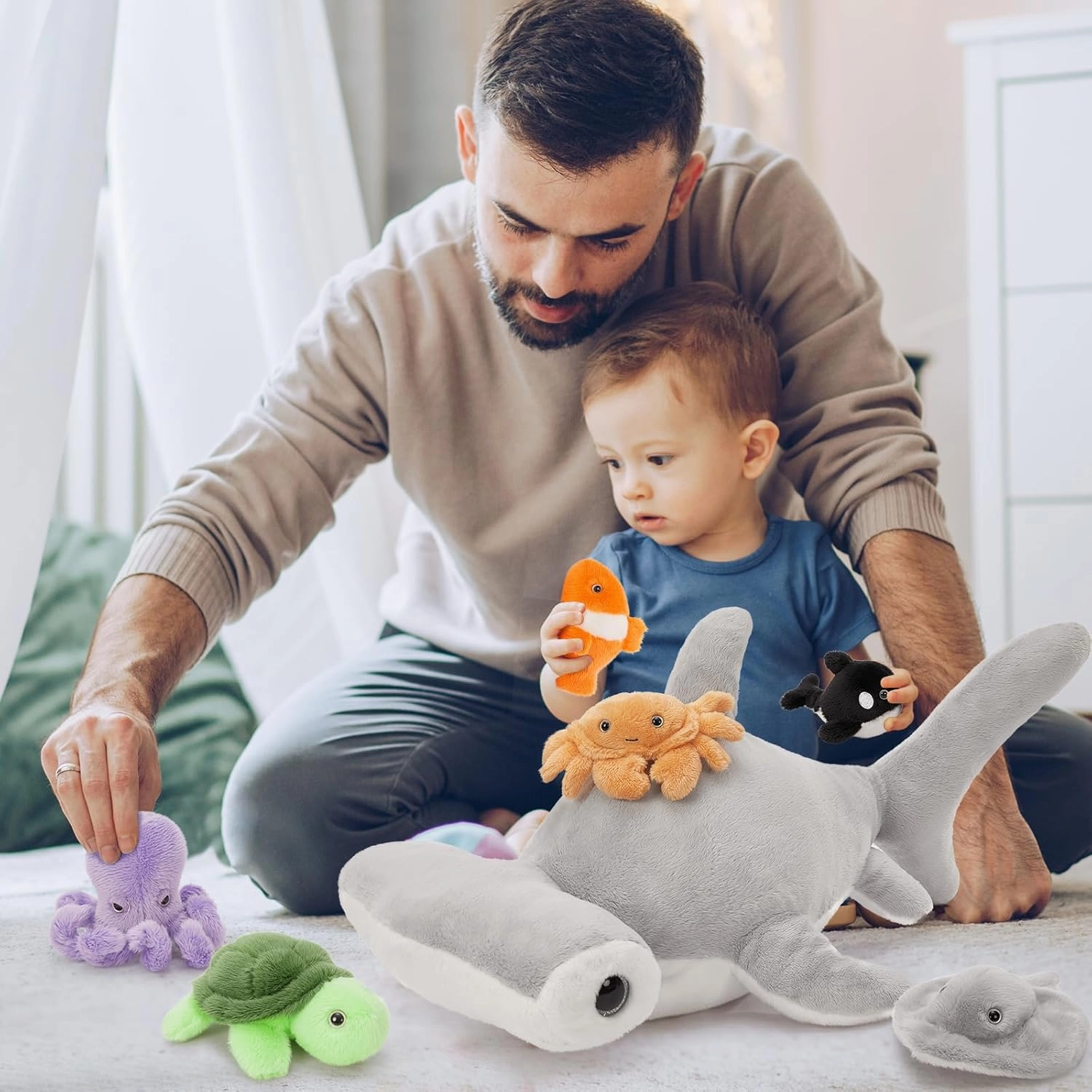 MaoGoLan 24 inch Large Hammerhead Shark Plush with 6 Marine Animals Inside No-Zipper Mouth, 7 Pack Shark Stuffed Animals Bulk for Kids Teen Girls Christmas Valentine's Day