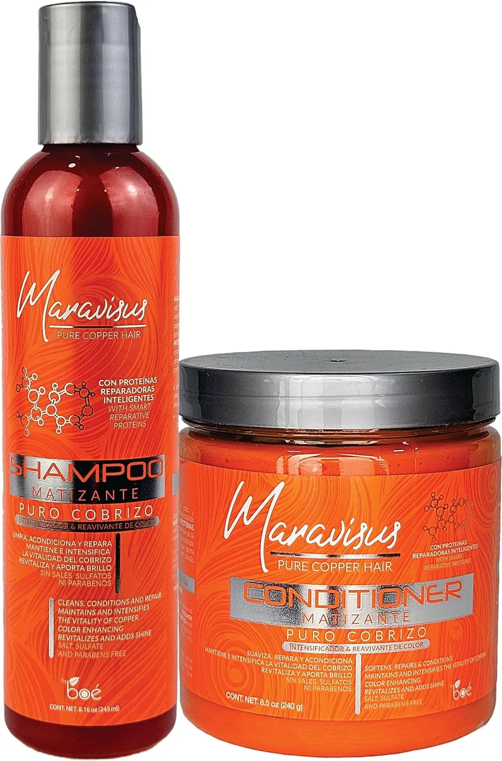 Maravisus Pure Copper Hair Shampoo 8.16 oz and Conditioner 8.5 oz Set - Color-Enhancing Toner for Dyed and Bleached Hair - Revives Copper Tones, Repairs Damage & Adds Shine