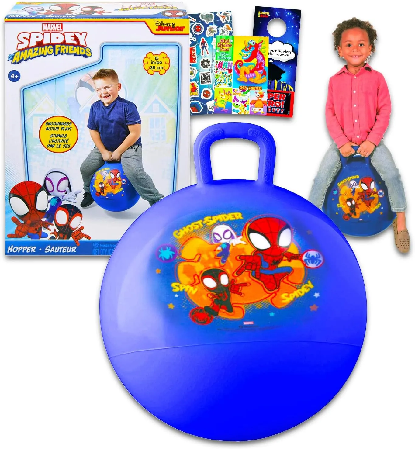 Marvel Spidey & Friends Hopper Ball Outdoor Toy Set - Bundle Includes Spidey & Friends 15" Hopper Ball for Boys and Girls Outdoor Activities, Parties Plus Stickers, More | Spiderman Outdoor Toys