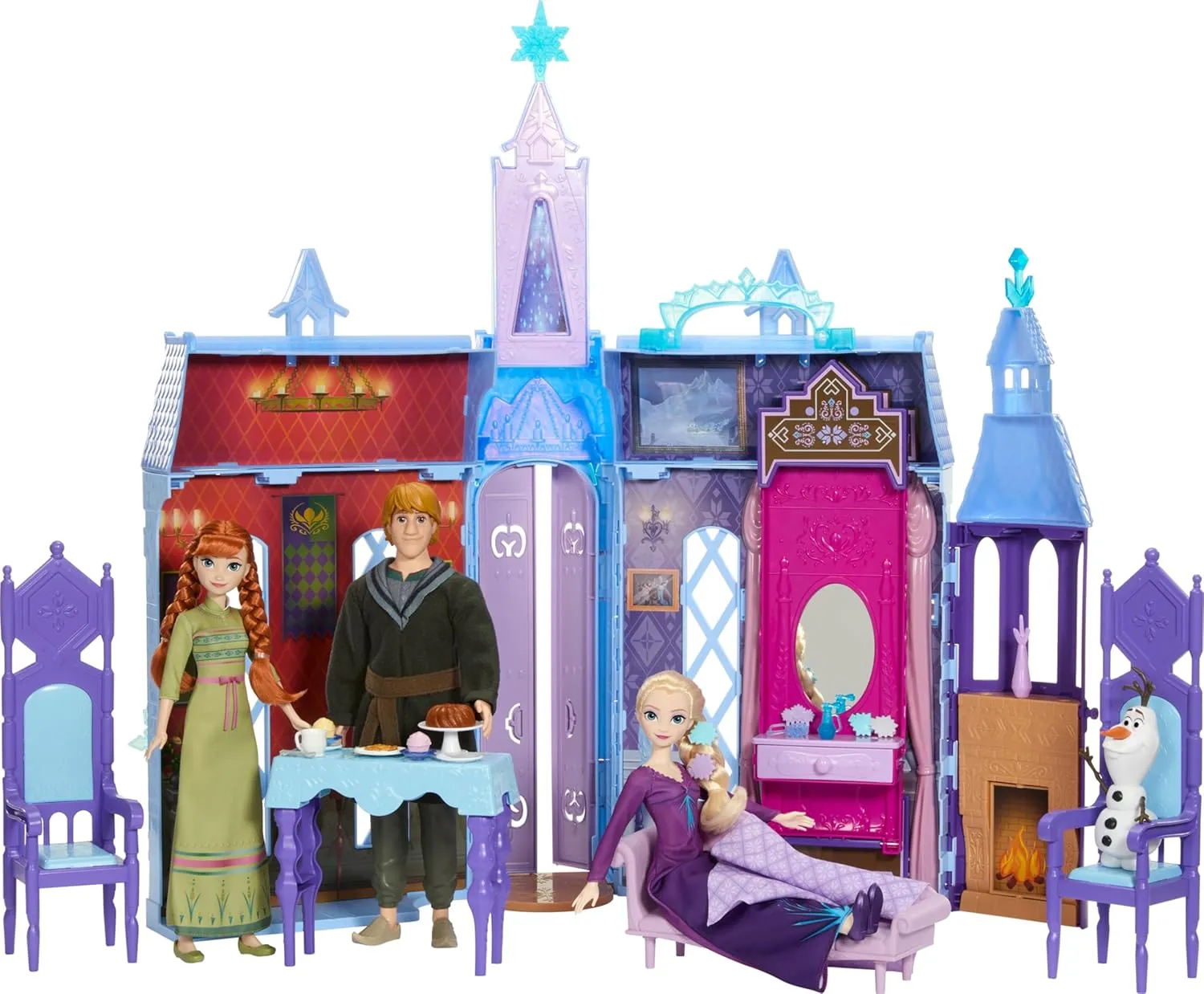 Mattel Disney Frozen Dolls & Doll House, Ultimate Arendelle Adventure Portable Castle (2  ft) with 3 Fashion Dolls, Olaf Figure & 25  Accessories