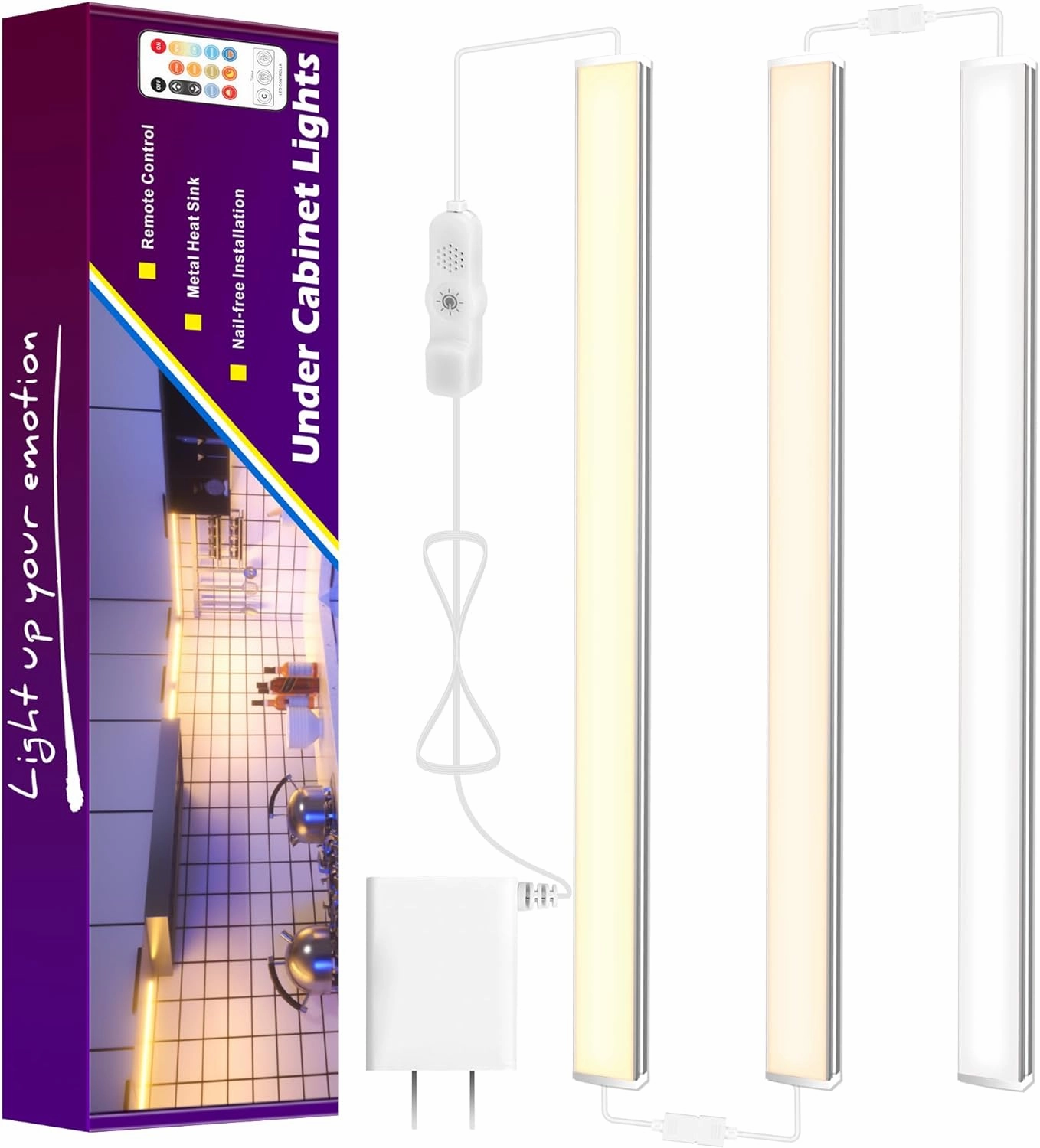 maylit Under Cabinet Lights Plug in, 3 Pcs 12 Inch Multi-Color Under Cabinet Lighting, Super Bright Under Counter Lights for Kitchen, Ultra Thin Dimmable Light for Cabinet, Counter, Workbench, Desk