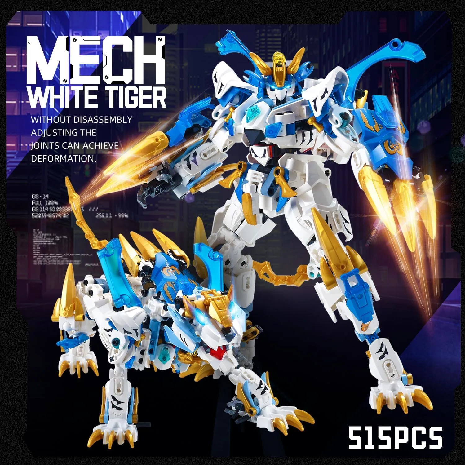 Mech Building Blocks Action Figure Toys, 2in1 White Tiger Transforming Robot Building Set, Converts to Tiger Model, for Adults Kids Boys Ages 8 （515 Pieces） (White Tiger)