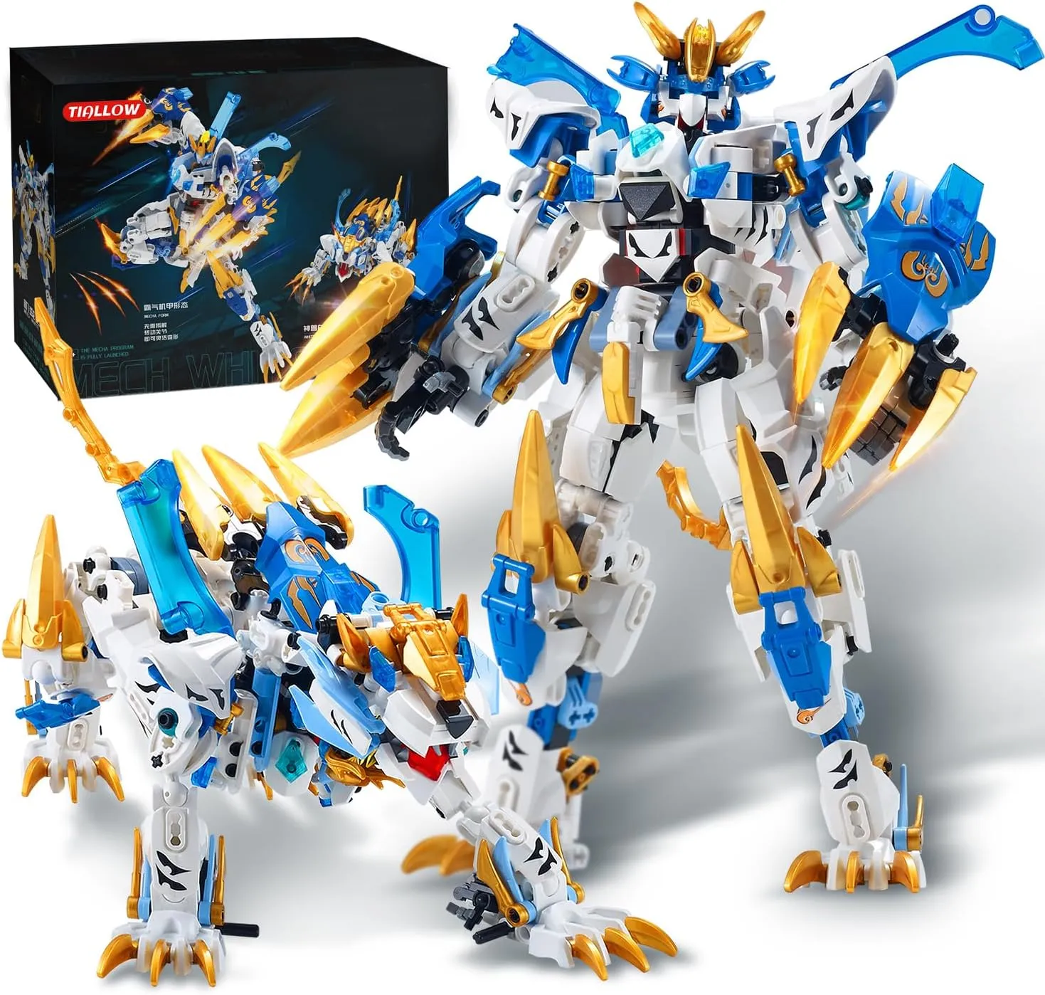 Mech Building Blocks Action Figure Toys, 2in1 White Tiger Transforming Robot Building Set, Converts to Tiger Model, for Adults Kids Boys Ages 8 （515 Pieces） (White Tiger)
