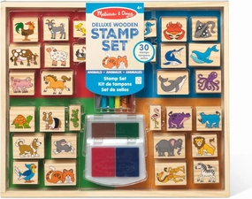 Melissa & Doug Deluxe Wooden Stamp Set: Animals - 30 Stamps, 6 Markers, 2 Stamp Pads Kids Art Projects, Wooden Stamps With Washable Ink, For Kids Ages 4 