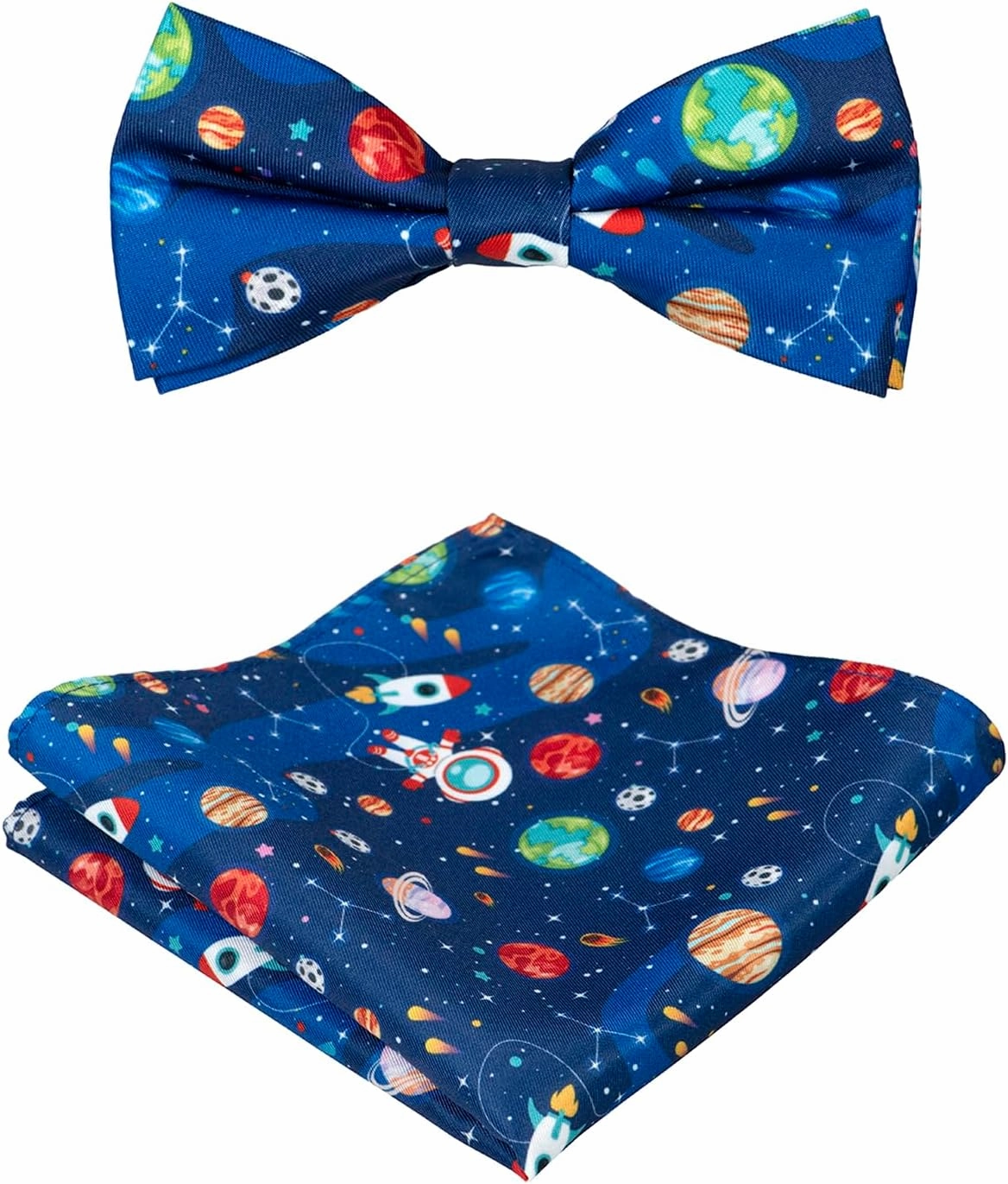 Men's Dress Vest SPACE Planets Pattern Design Navy Blue Solar System Astronaut Stars Mens Bow TIe Hanky Set