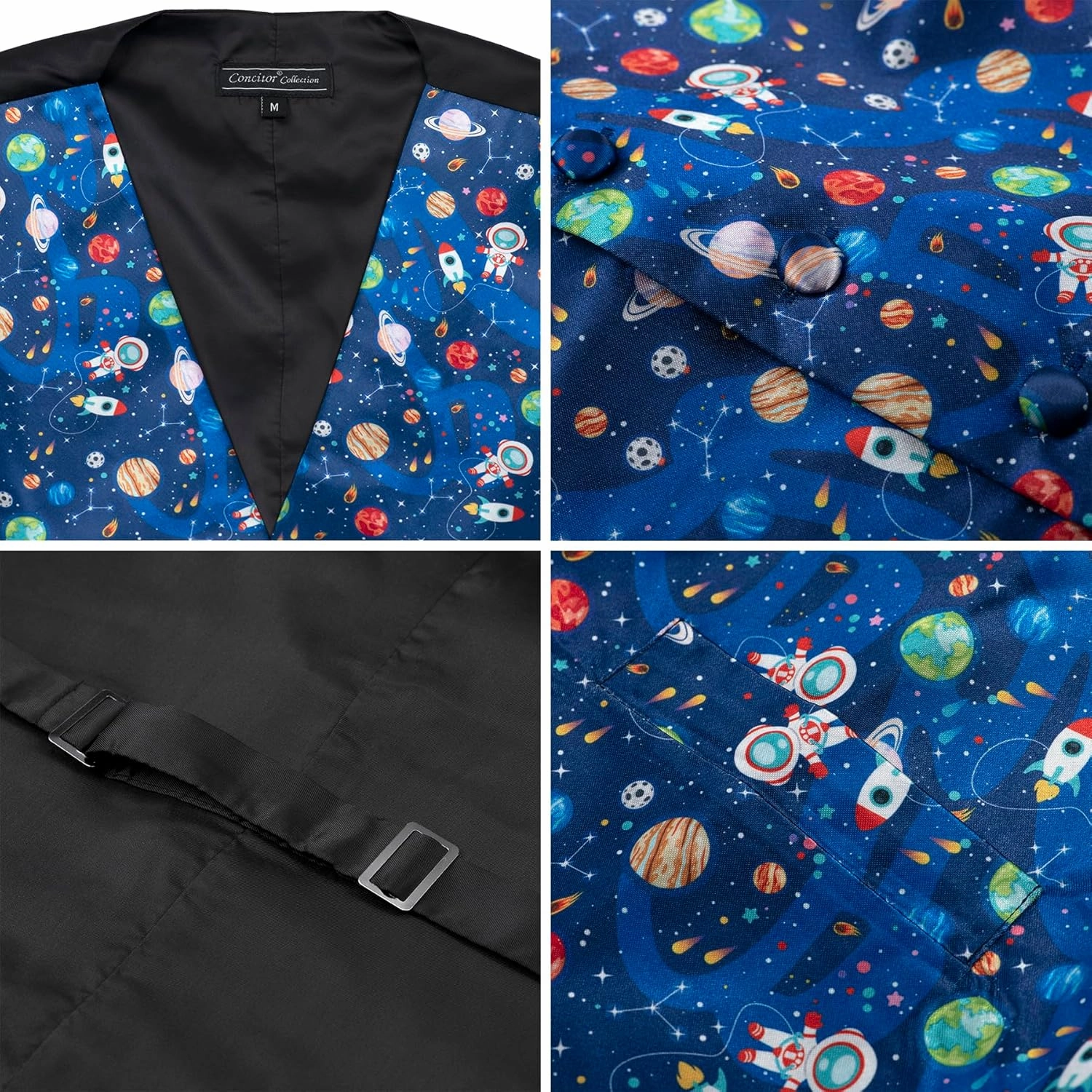 Men's Dress Vest SPACE Planets Pattern Design Navy Blue Solar System Astronaut Stars Mens Bow TIe Hanky Set