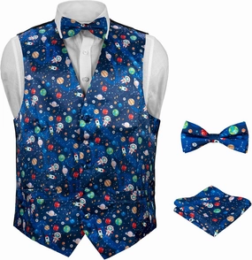 Men's Dress Vest SPACE Planets Pattern Design Navy Blue Solar System Astronaut Stars Mens Bow TIe Hanky Set