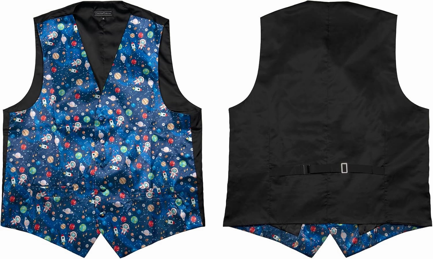Men's Dress Vest SPACE Planets Pattern Design Navy Blue Solar System Astronaut Stars Mens Bow TIe Hanky Set