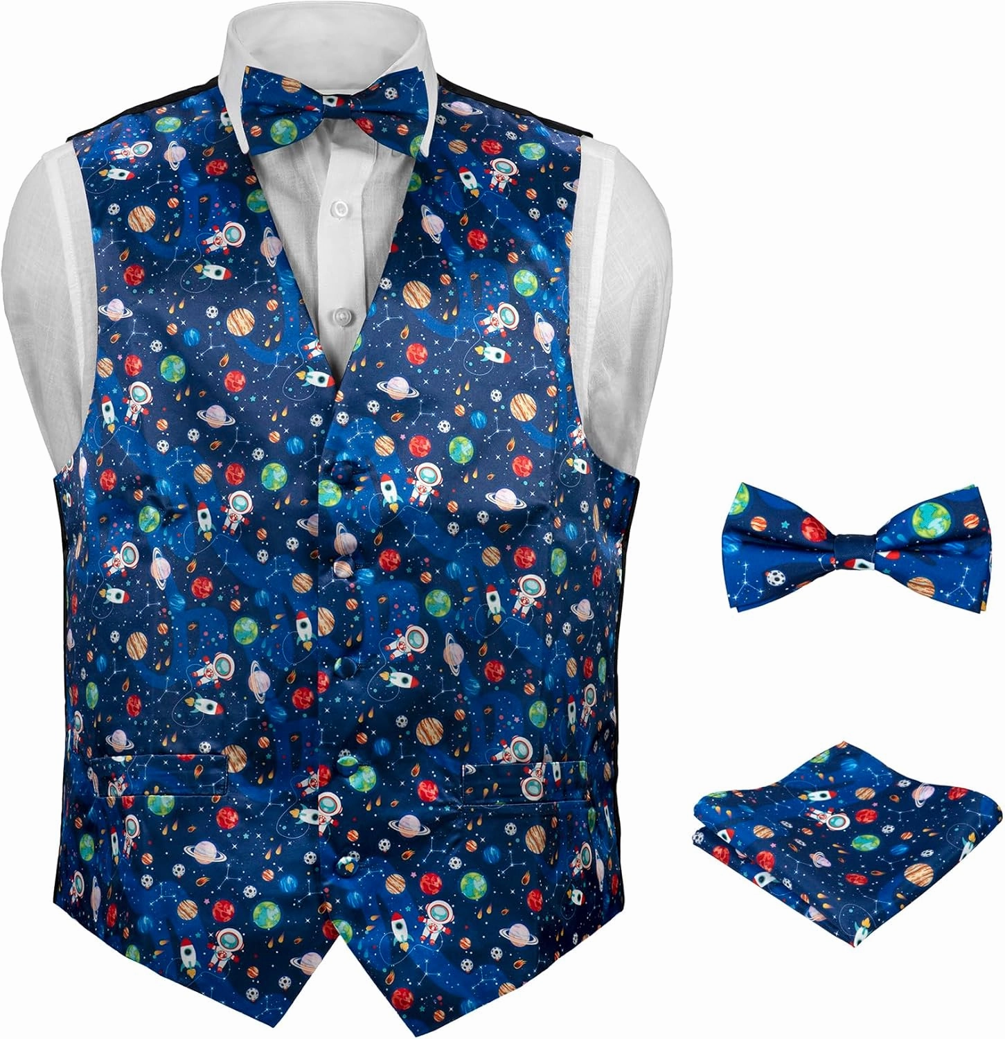 Men's Dress Vest SPACE Planets Pattern Design Navy Blue Solar System Astronaut Stars Mens Bow TIe Hanky Set