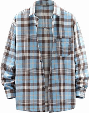 Men's Plaid Hooded Shirts Square Printing Lightweight Breathable Long Sleeve Lapel Men Plus Size Big&Tall Mens with