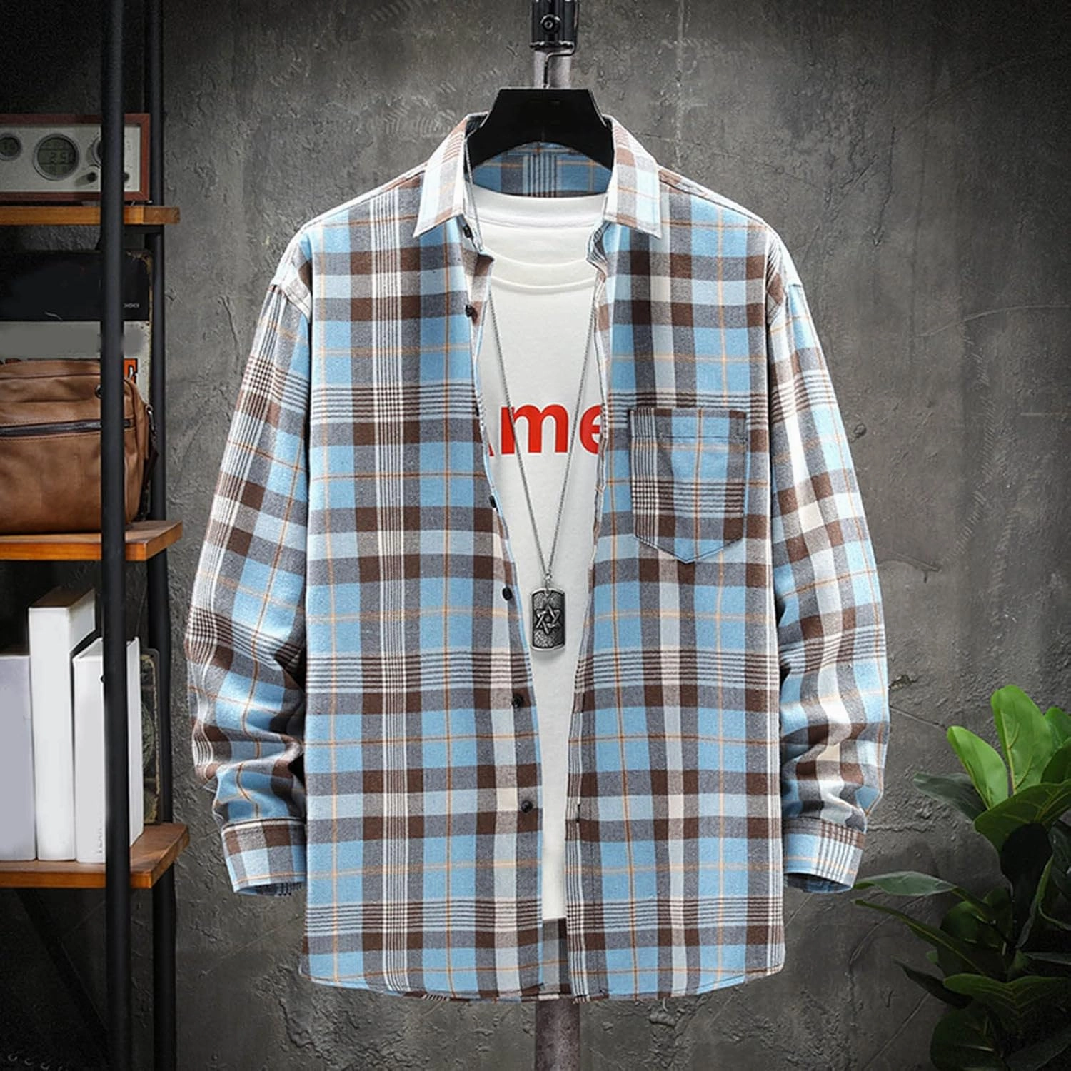 Men's Plaid Hooded Shirts Square Printing Lightweight Breathable Long Sleeve Lapel Men Plus Size Big&Tall Mens with