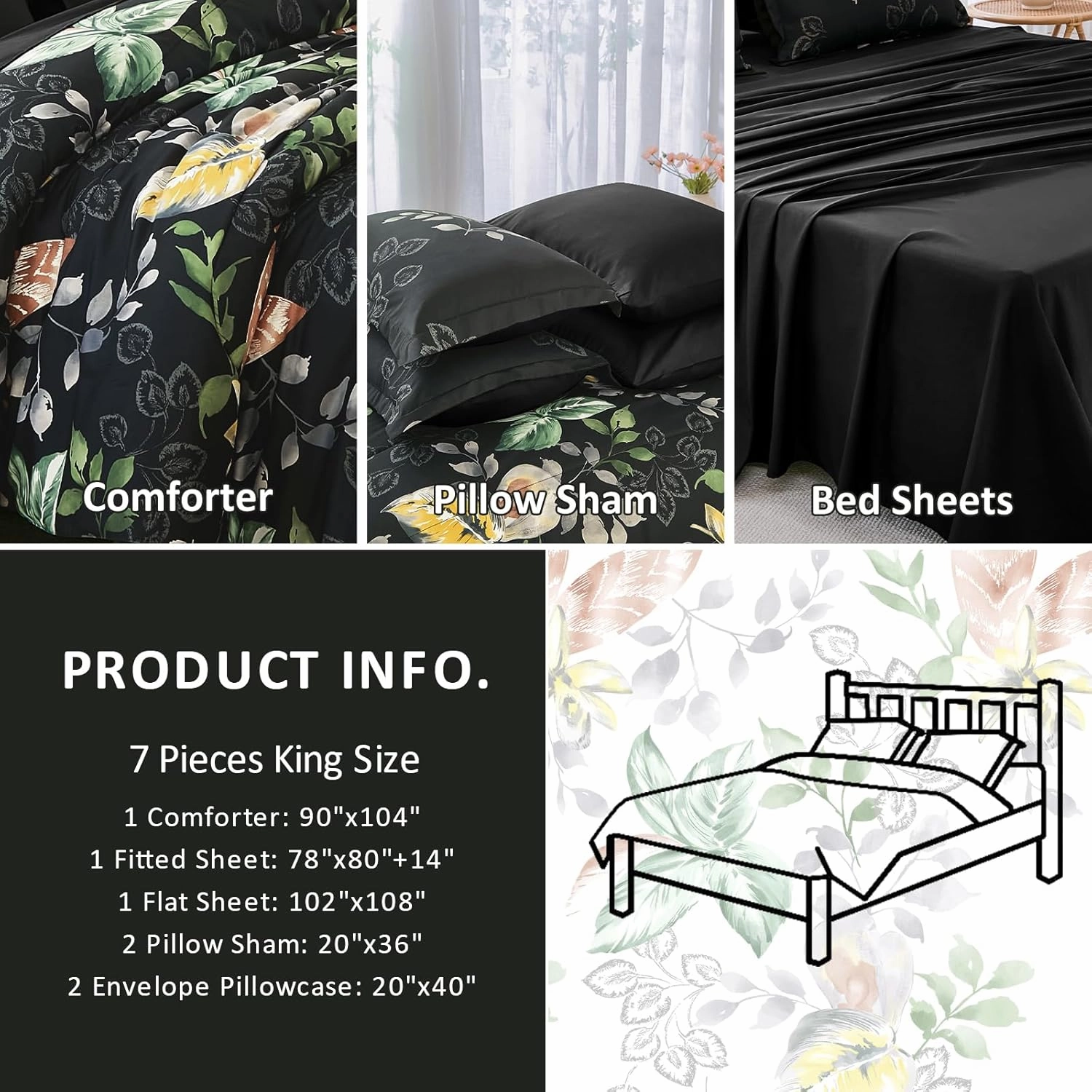 Menghomeus Black Comforter Set King 7 Piece Bed in a Bag Flowers Leaves Pattern Comforter Set Botanical Comforter with Sheets Set, Soft Microfiber Bedding Set for All Season