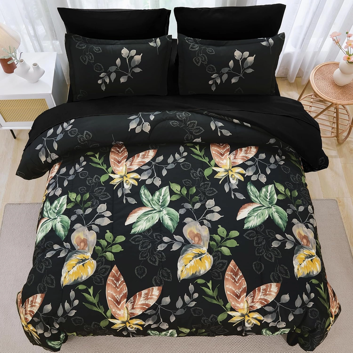 Menghomeus Black Comforter Set King 7 Piece Bed in a Bag Flowers Leaves Pattern Comforter Set Botanical Comforter with Sheets Set, Soft Microfiber Bedding Set for All Season