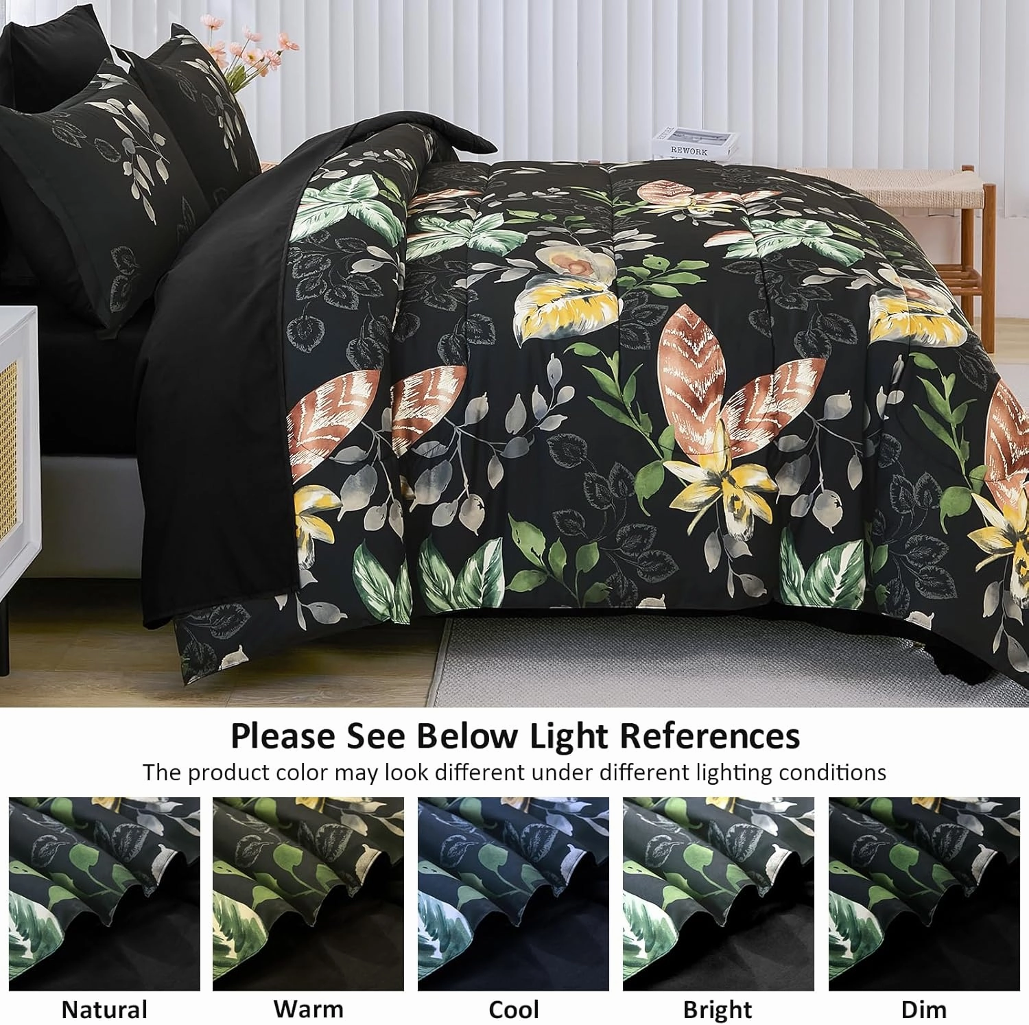 Menghomeus Black Comforter Set King 7 Piece Bed in a Bag Flowers Leaves Pattern Comforter Set Botanical Comforter with Sheets Set, Soft Microfiber Bedding Set for All Season