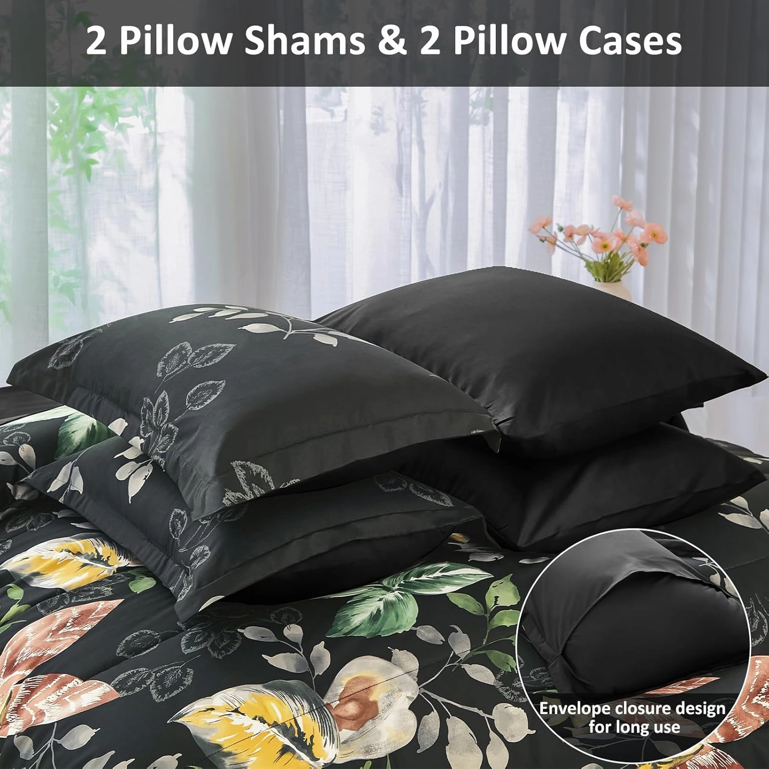 Menghomeus Black Comforter Set King 7 Piece Bed in a Bag Flowers Leaves Pattern Comforter Set Botanical Comforter with Sheets Set, Soft Microfiber Bedding Set for All Season