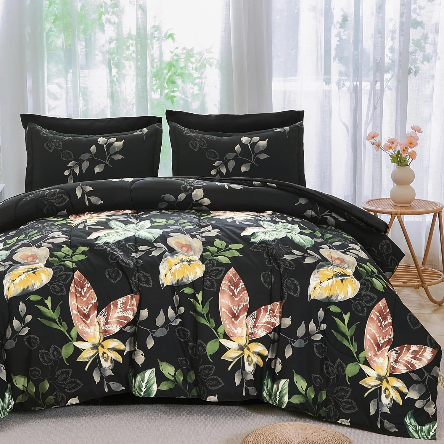Menghomeus Black Comforter Set King 7 Piece Bed in a Bag Flowers Leaves Pattern Comforter Set Botanical Comforter with Sheets Set, Soft Microfiber Bedding Set for All Season