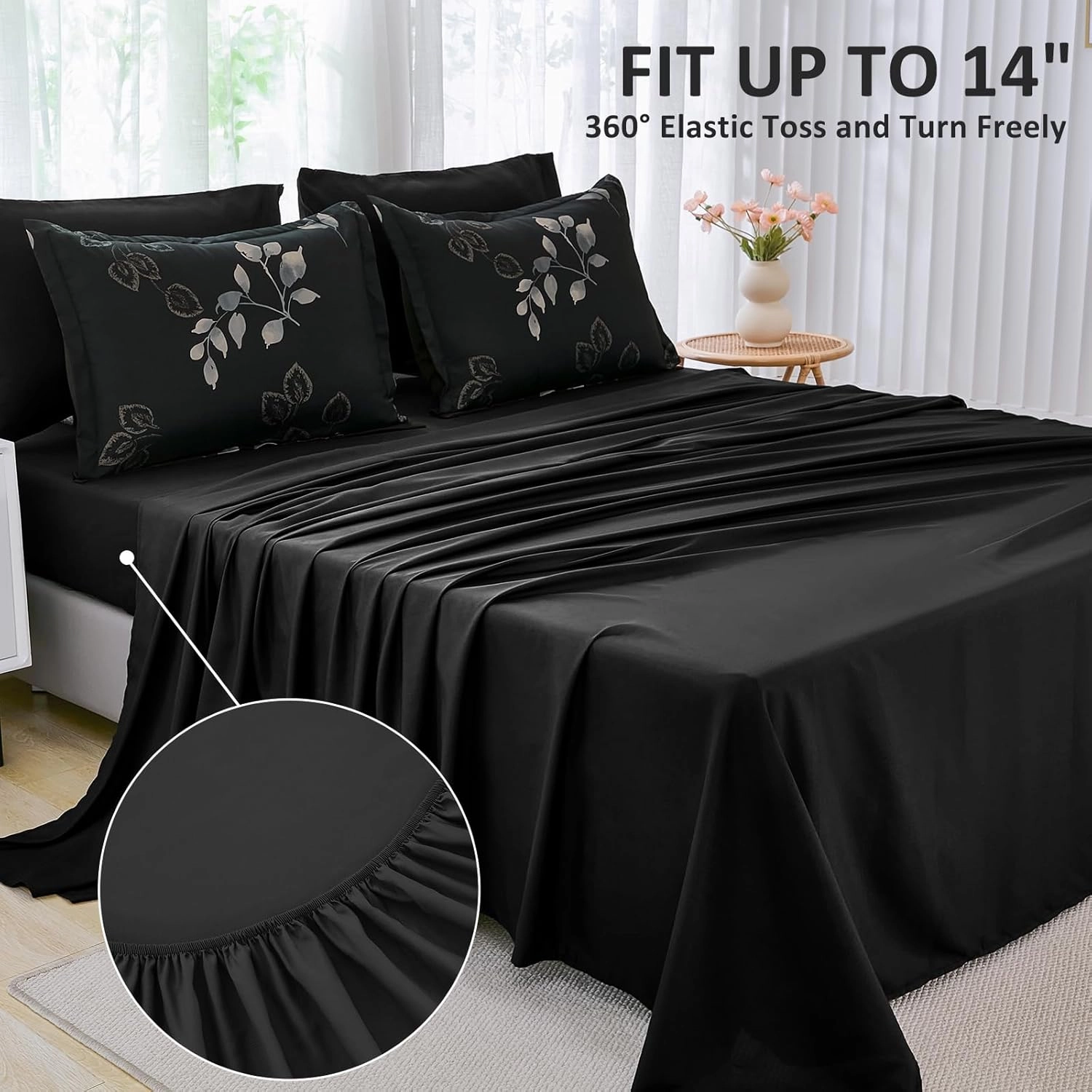 Menghomeus Black Comforter Set King 7 Piece Bed in a Bag Flowers Leaves Pattern Comforter Set Botanical Comforter with Sheets Set, Soft Microfiber Bedding Set for All Season