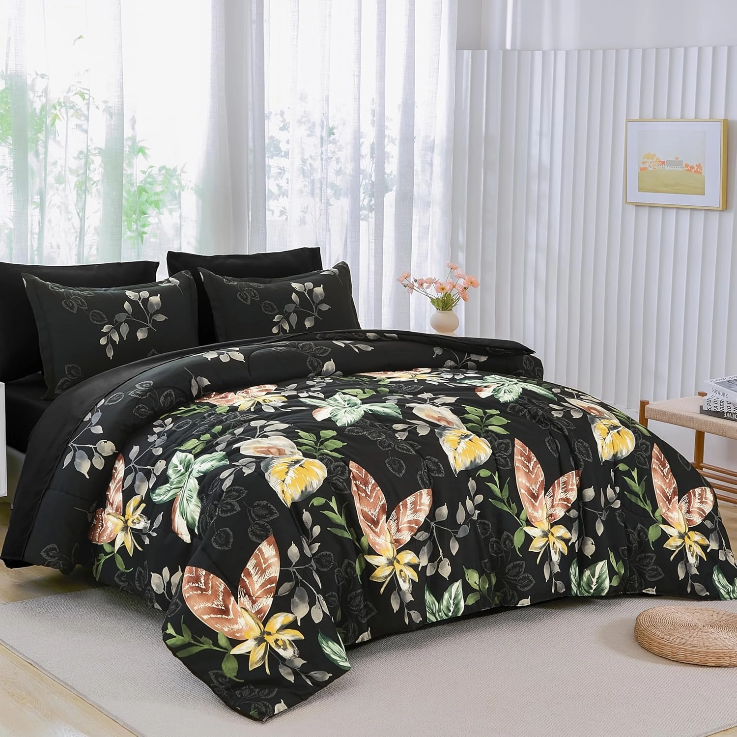 Menghomeus Black Comforter Set King 7 Piece Bed in a Bag Flowers Leaves Pattern Comforter Set Botanical Comforter with Sheets Set, Soft Microfiber Bedding Set for All Season