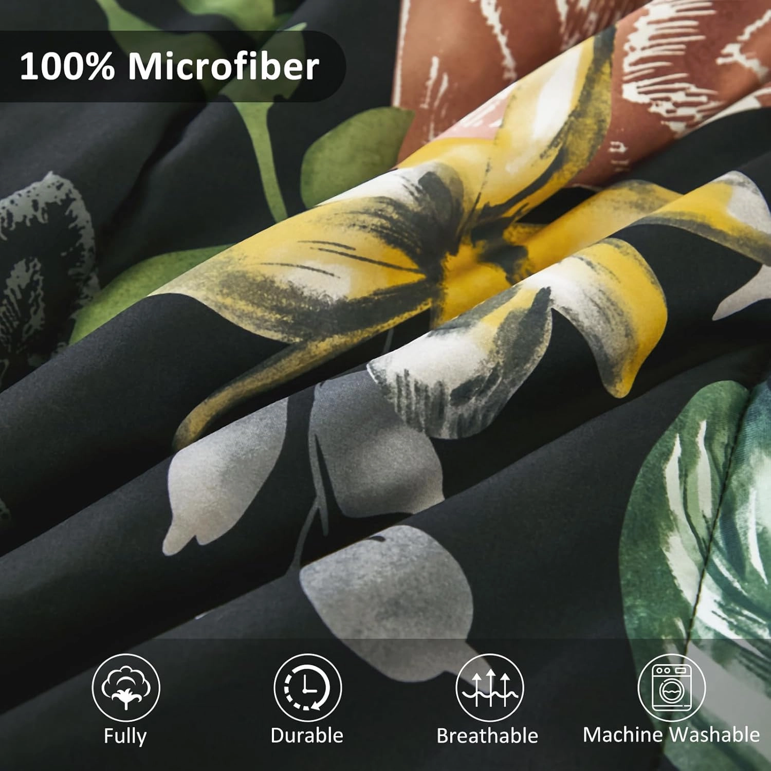 Menghomeus Black Comforter Set King 7 Piece Bed in a Bag Flowers Leaves Pattern Comforter Set Botanical Comforter with Sheets Set, Soft Microfiber Bedding Set for All Season