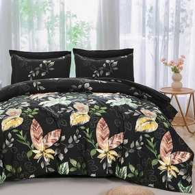 Menghomeus Black Comforter Set King 7 Piece Bed in a Bag Flowers Leaves Pattern Comforter Set Botanical Comforter with Sheets Set, Soft Microfiber Bedding Set for All Season