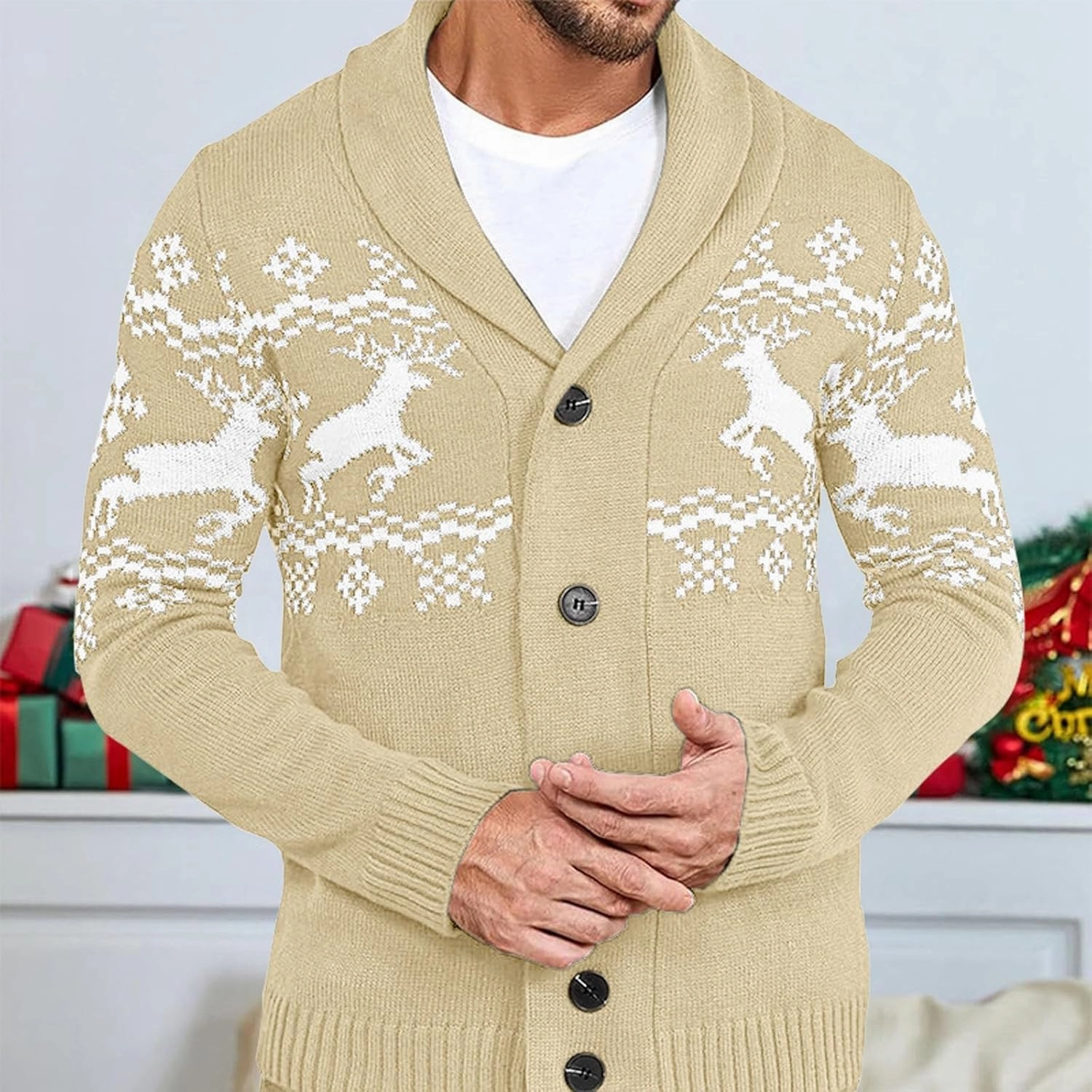 Mens Cardigan Sweaters with Buttons Long Sleeve Shawl Collar Christmas Knit Sweater Casual Xmas Holiday Sweaters