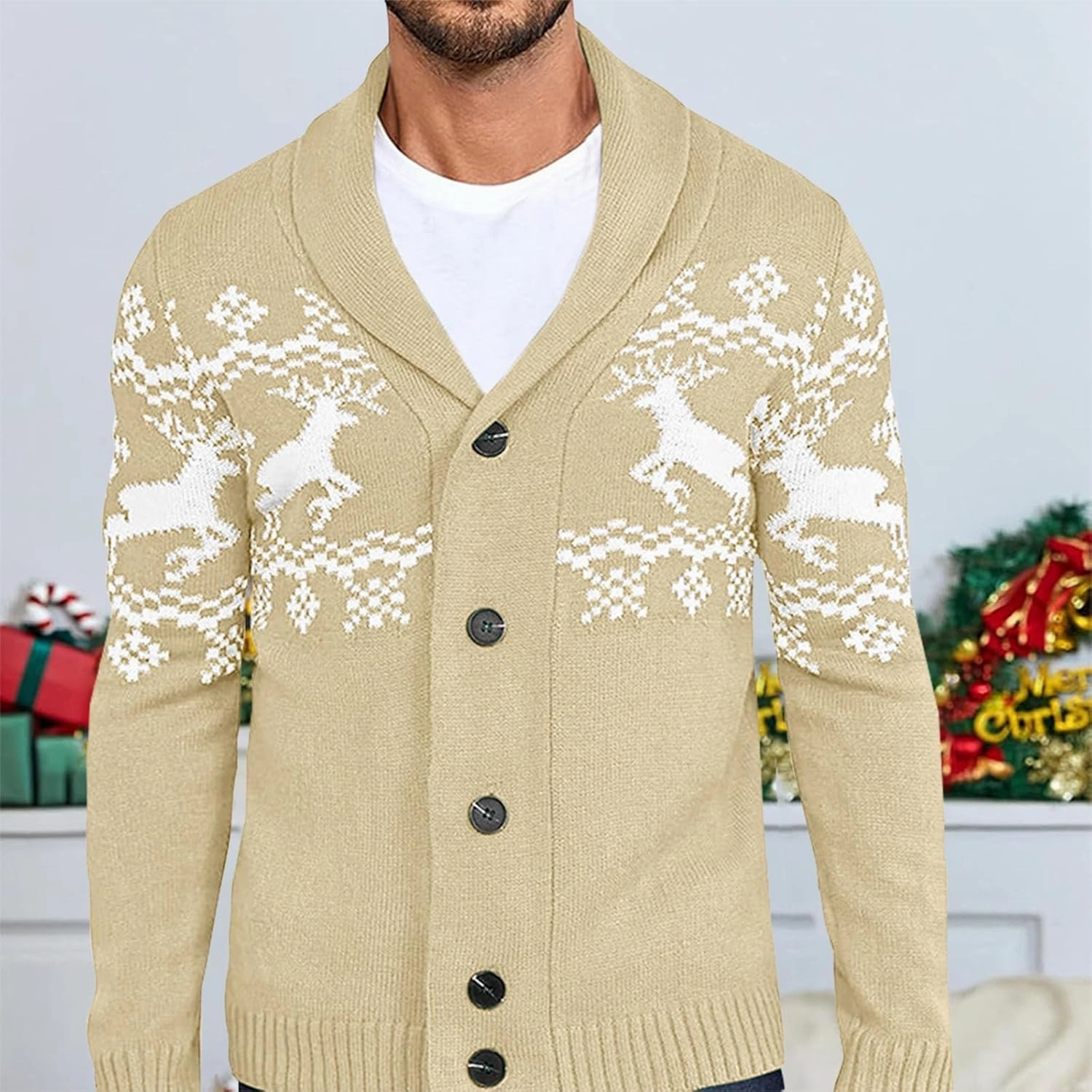 Mens Cardigan Sweaters with Buttons Long Sleeve Shawl Collar Christmas Knit Sweater Casual Xmas Holiday Sweaters