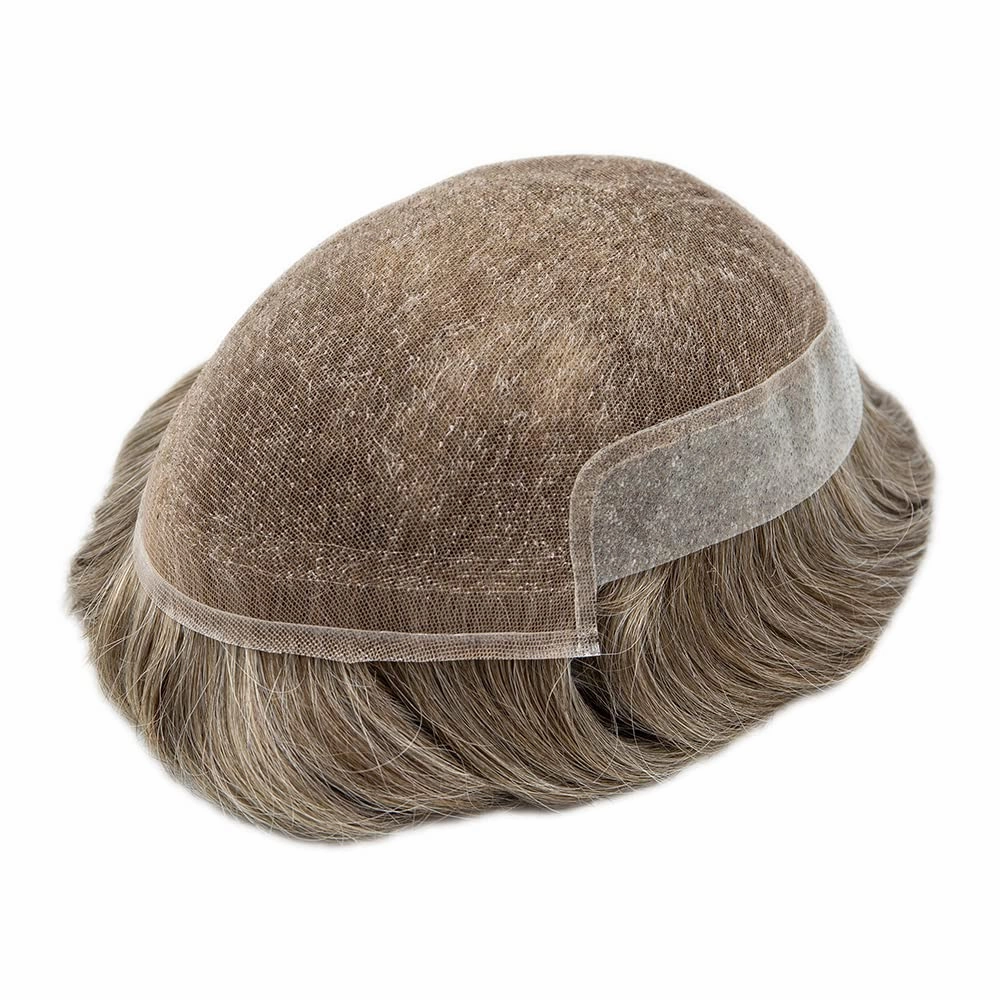 Mens Toupee Hair Piece For Men Human Hair Replacement System French Lace Male Hair Prosthesis Toupee For Men Hairpieces 7x9Light to medium density#1740 17# DARK ASH BLONDE 40% GREY