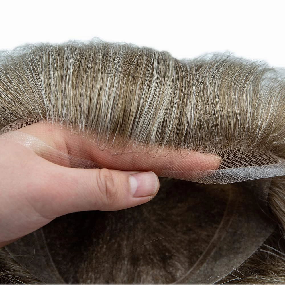 Mens Toupee Hair Piece For Men Human Hair Replacement System French Lace Male Hair Prosthesis Toupee For Men Hairpieces 7x9Light to medium density#1740 17# DARK ASH BLONDE 40% GREY
