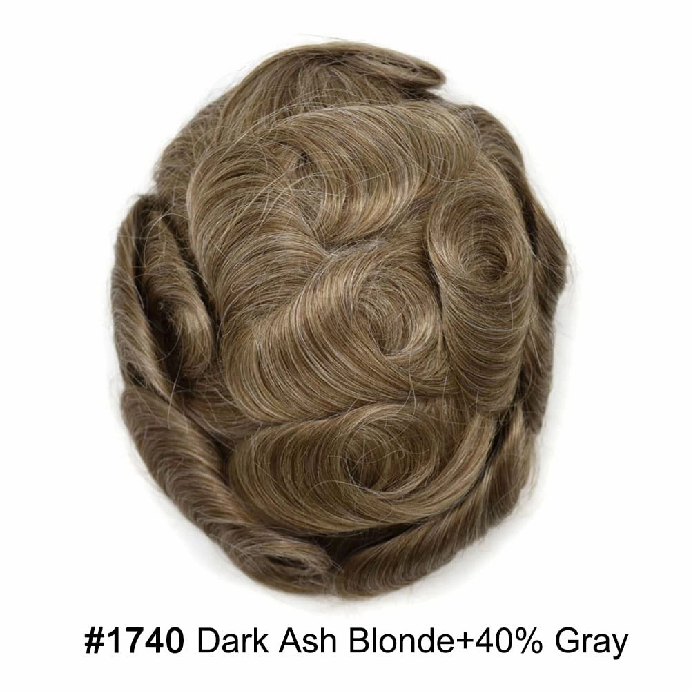 Mens Toupee Hair Piece For Men Human Hair Replacement System French Lace Male Hair Prosthesis Toupee For Men Hairpieces 7x9Light to medium density#1740 17# DARK ASH BLONDE 40% GREY
