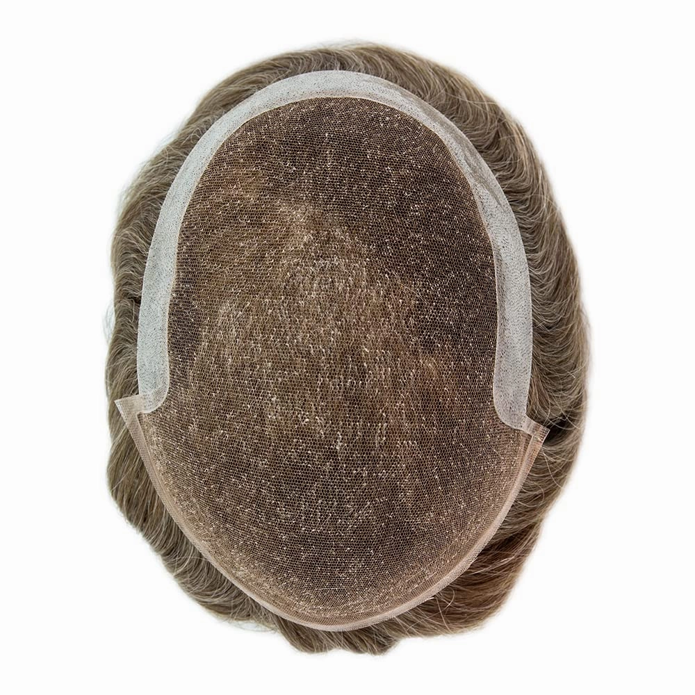 Mens Toupee Hair Piece For Men Human Hair Replacement System French Lace Male Hair Prosthesis Toupee For Men Hairpieces 7x9Light to medium density#1740 17# DARK ASH BLONDE 40% GREY