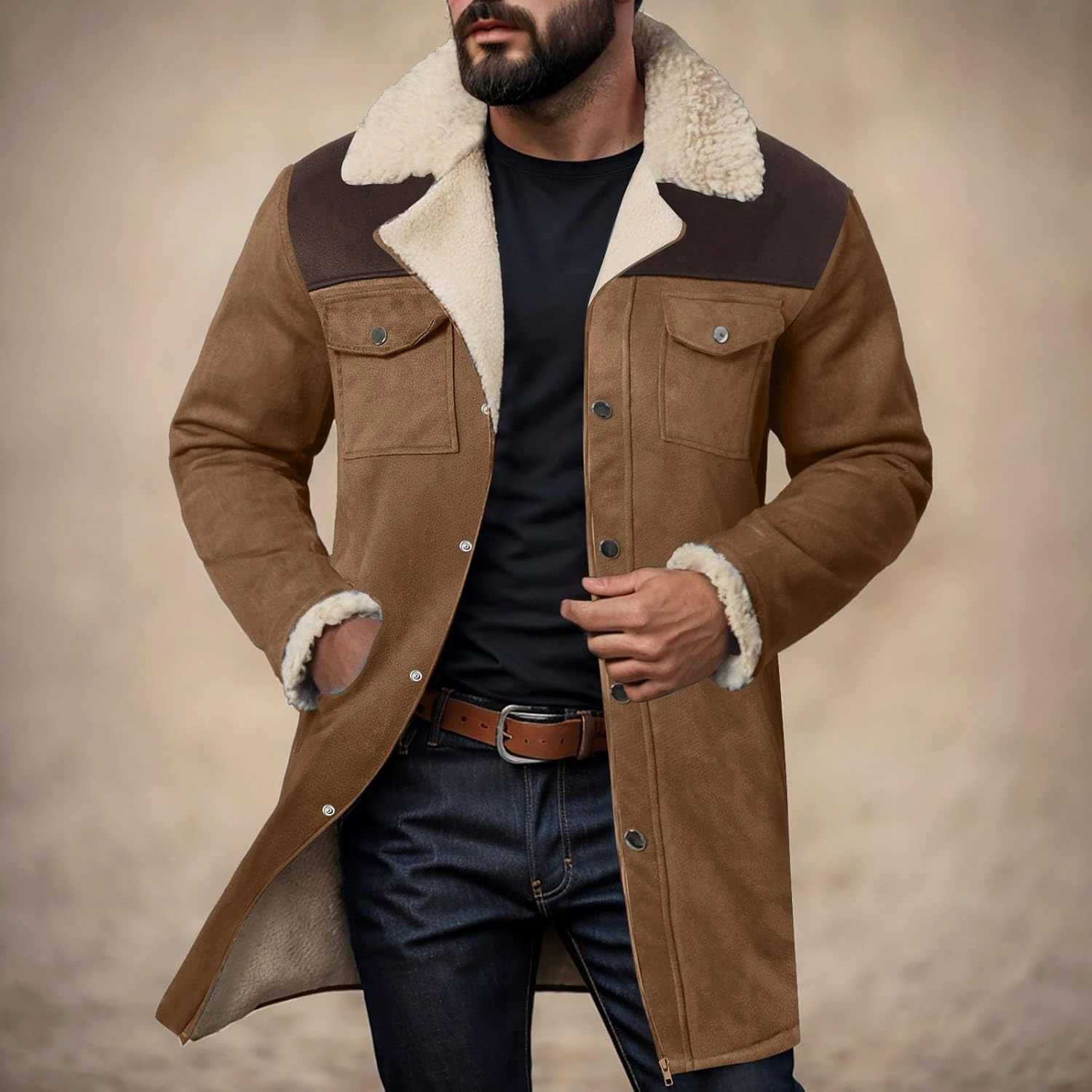 Mens Western Cowboy Jacket Distressed Suede Long Trench Coats Zip Up Sherpa Collar Faux Leather Outdoor Jacket