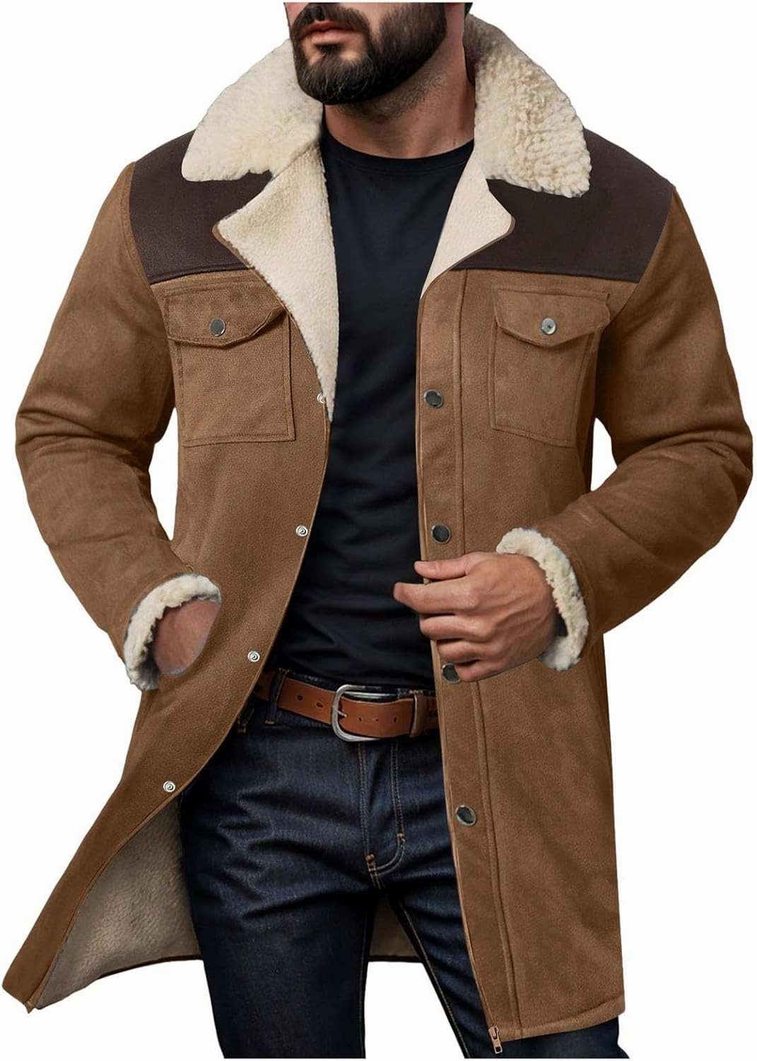 Mens Western Cowboy Jacket Distressed Suede Long Trench Coats Zip Up Sherpa Collar Faux Leather Outdoor Jacket