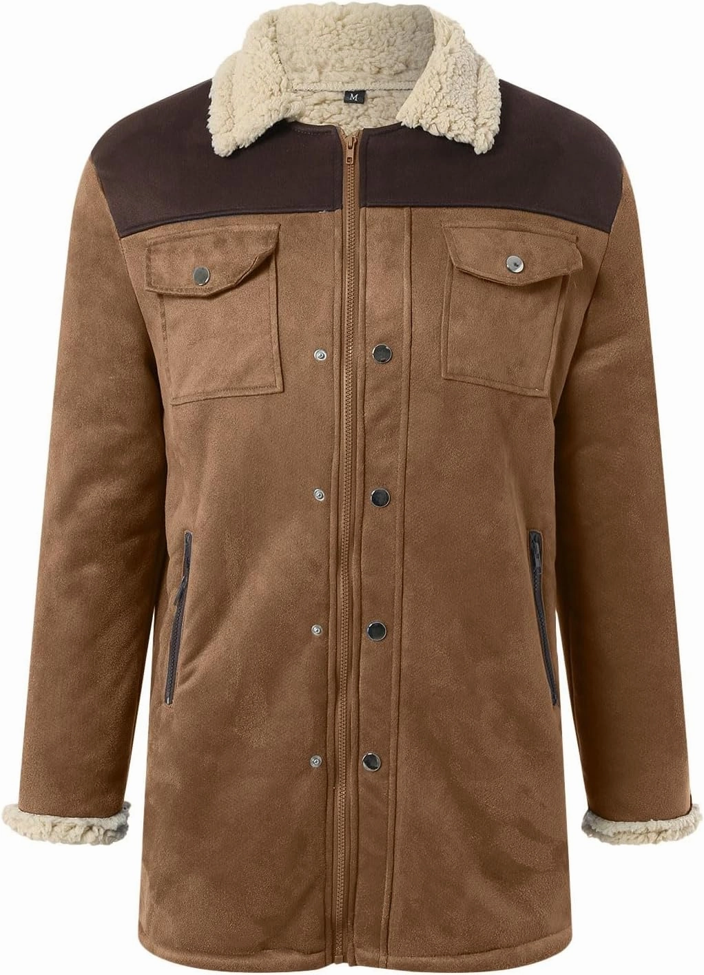 Mens Western Cowboy Jacket Distressed Suede Long Trench Coats Zip Up Sherpa Collar Faux Leather Outdoor Jacket
