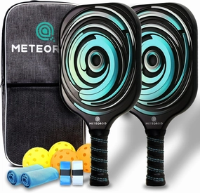 Meteoroid Pickleball Paddles Set of 2 – USAPA Approved Fiberglass Rackets with 4 Balls, 2 Cooling Towels, Extra Grips & Bag – Lightweight Pickleball Set for Men, Women, Beginners