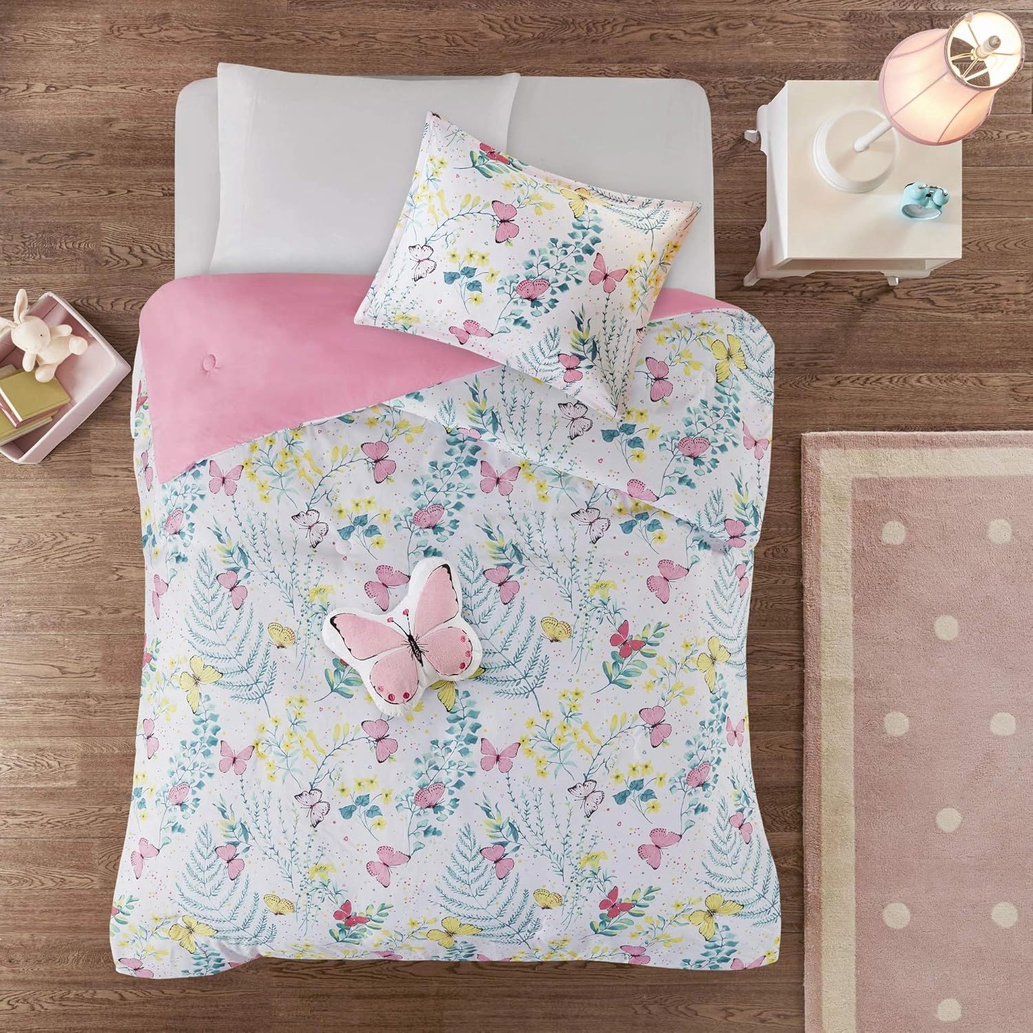 Mi Zone Kids Cynthia Comforter for Girls Microfiber Animal Butterfly Print, Modern All Season Down Alternative Kids Bed Set, Matching Sham, Decorative Pillow, Twin, Pink 3 Piece