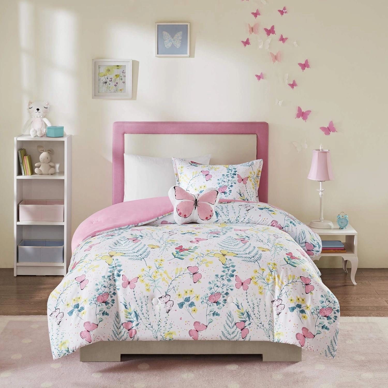Mi Zone Kids Cynthia Comforter for Girls Microfiber Animal Butterfly Print, Modern All Season Down Alternative Kids Bed Set, Matching Sham, Decorative Pillow, Twin, Pink 3 Piece