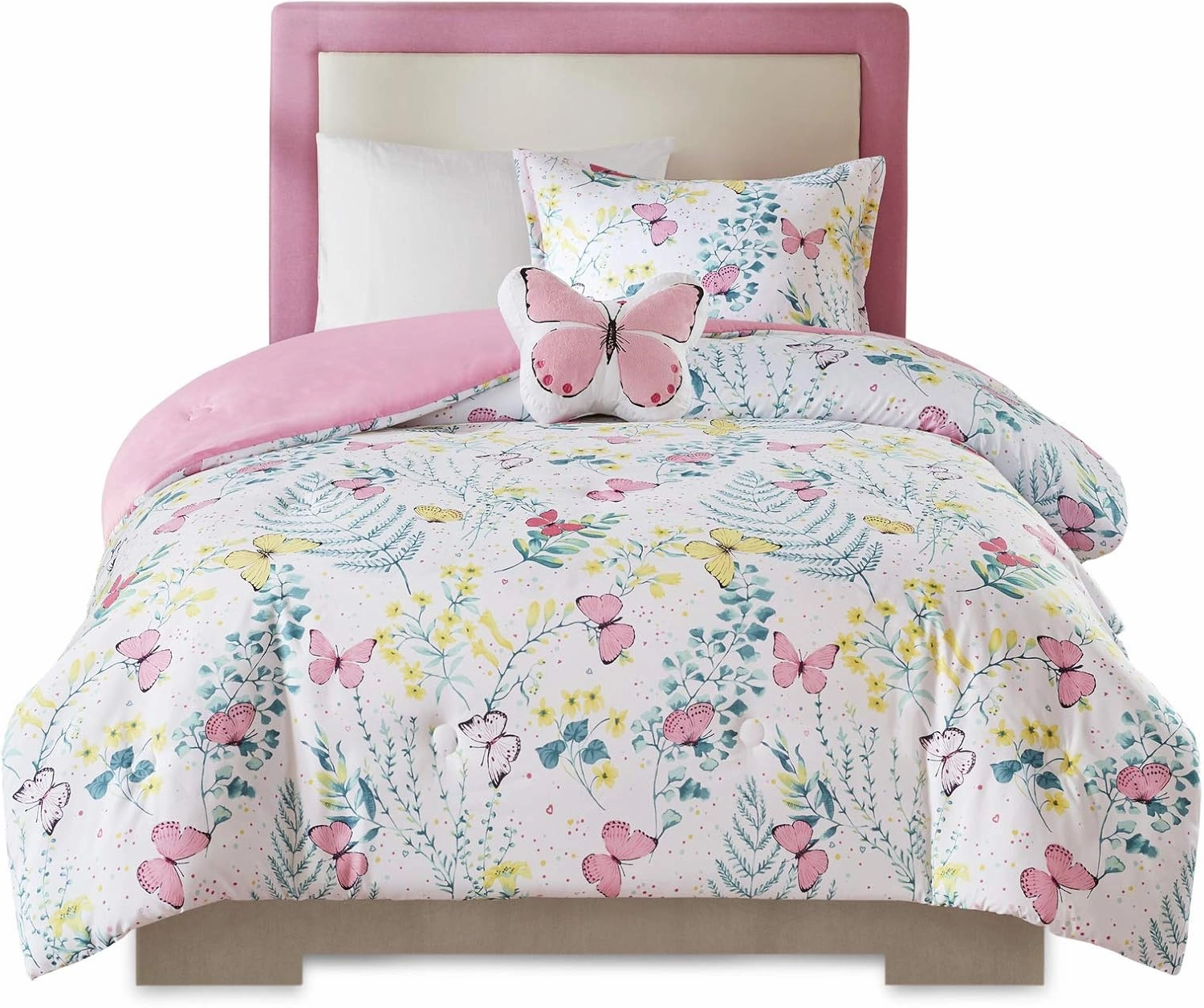 Mi Zone Kids Cynthia Comforter for Girls Microfiber Animal Butterfly Print, Modern All Season Down Alternative Kids Bed Set, Matching Sham, Decorative Pillow, Twin, Pink 3 Piece