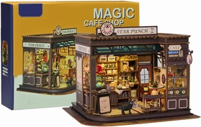 Miniature House Kit with LED Light, Book Nook Kit with Cover for Birthday, 3D Wooden Bookends Puzzle, Bookshelf Decor for Adults, Teens, Beginners - Coffee Shop