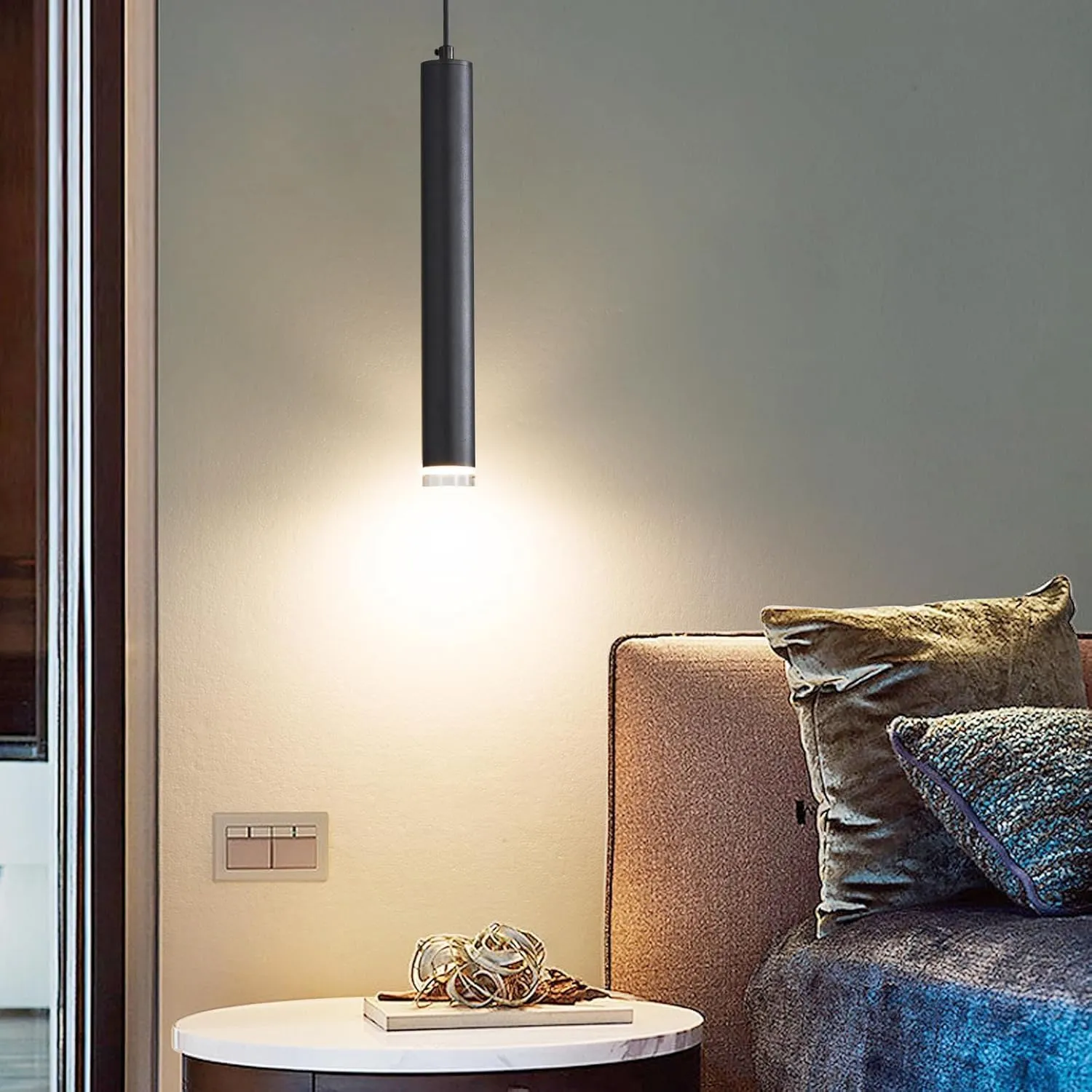 Modern Kitchen Island Pendent Lights, Black Minimalist Ceiling Hanging Light Fixtures, 3 Color 3000K/4500K/6500K, Adjustable Height, Mini Linear LED Chandeliers for Dining Room, Bedroom, Living Room