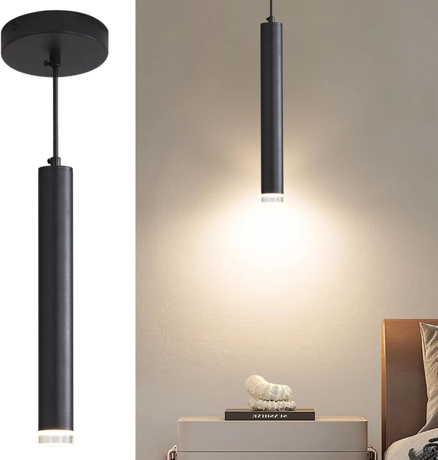 Modern Kitchen Island Pendent Lights, Black Minimalist Ceiling Hanging Light Fixtures, 3 Color 3000K/4500K/6500K, Adjustable Height, Mini Linear LED Chandeliers for Dining Room, Bedroom, Living Room