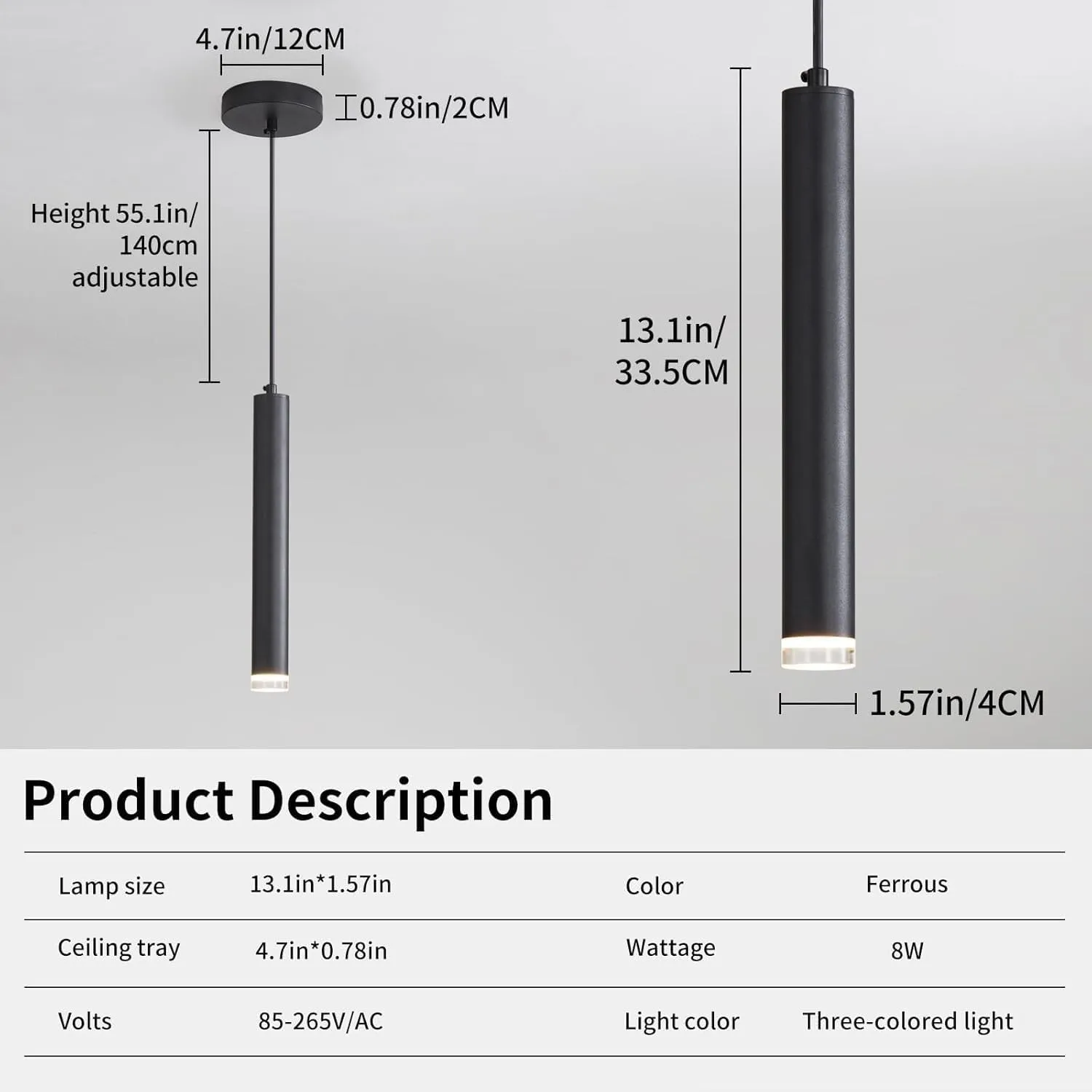 Modern Kitchen Island Pendent Lights, Black Minimalist Ceiling Hanging Light Fixtures, 3 Color 3000K/4500K/6500K, Adjustable Height, Mini Linear LED Chandeliers for Dining Room, Bedroom, Living Room