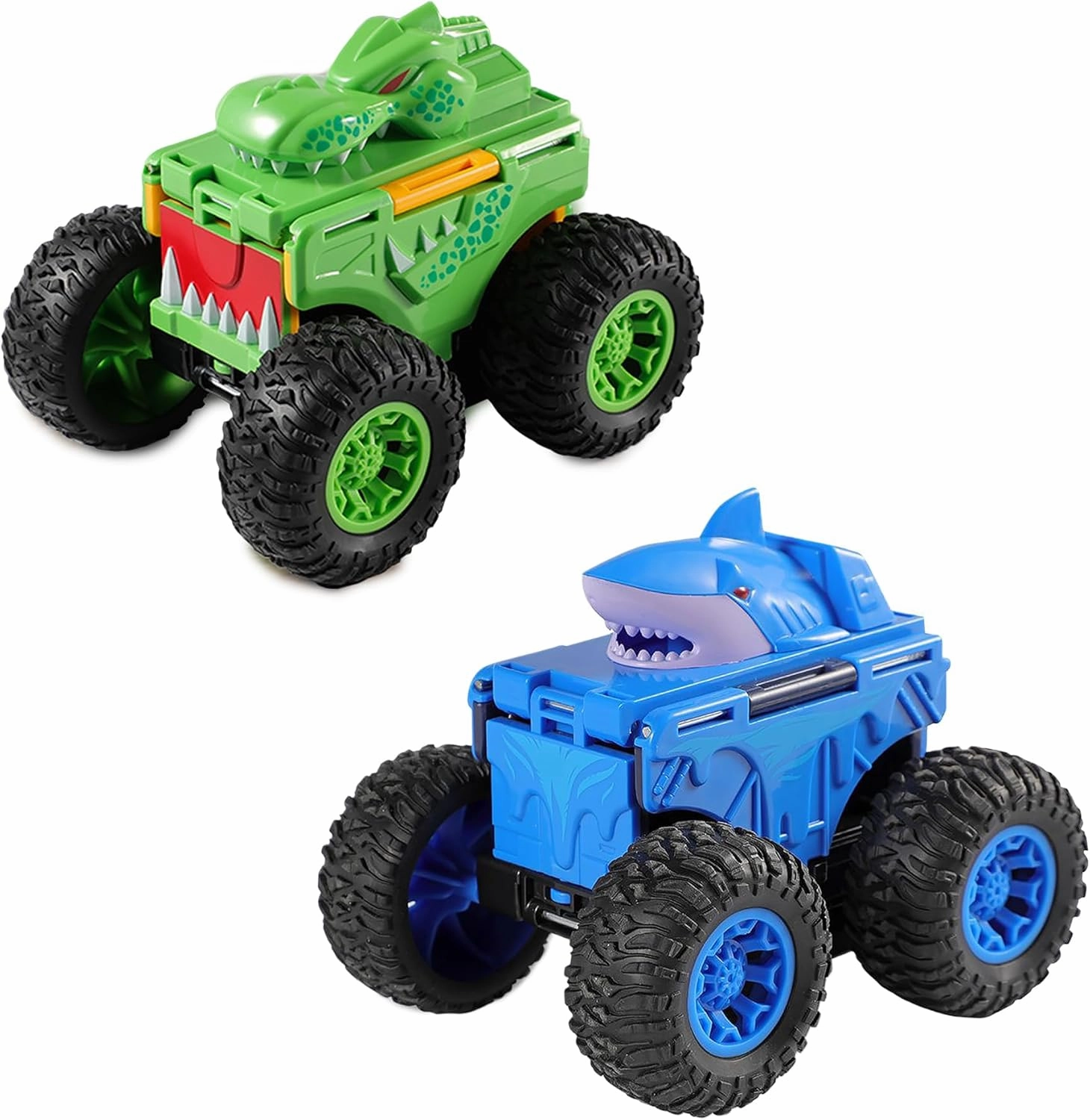 Monster Truck Toys for Boys & Girls, 2-Pack Transforming Dinosaur & Shark Double Sided 4-Wheel Drive Friction Powered Push and Go Transformation Toy Cars with Giant Wheels, 3 4 5 6 7 Years Kids Gift