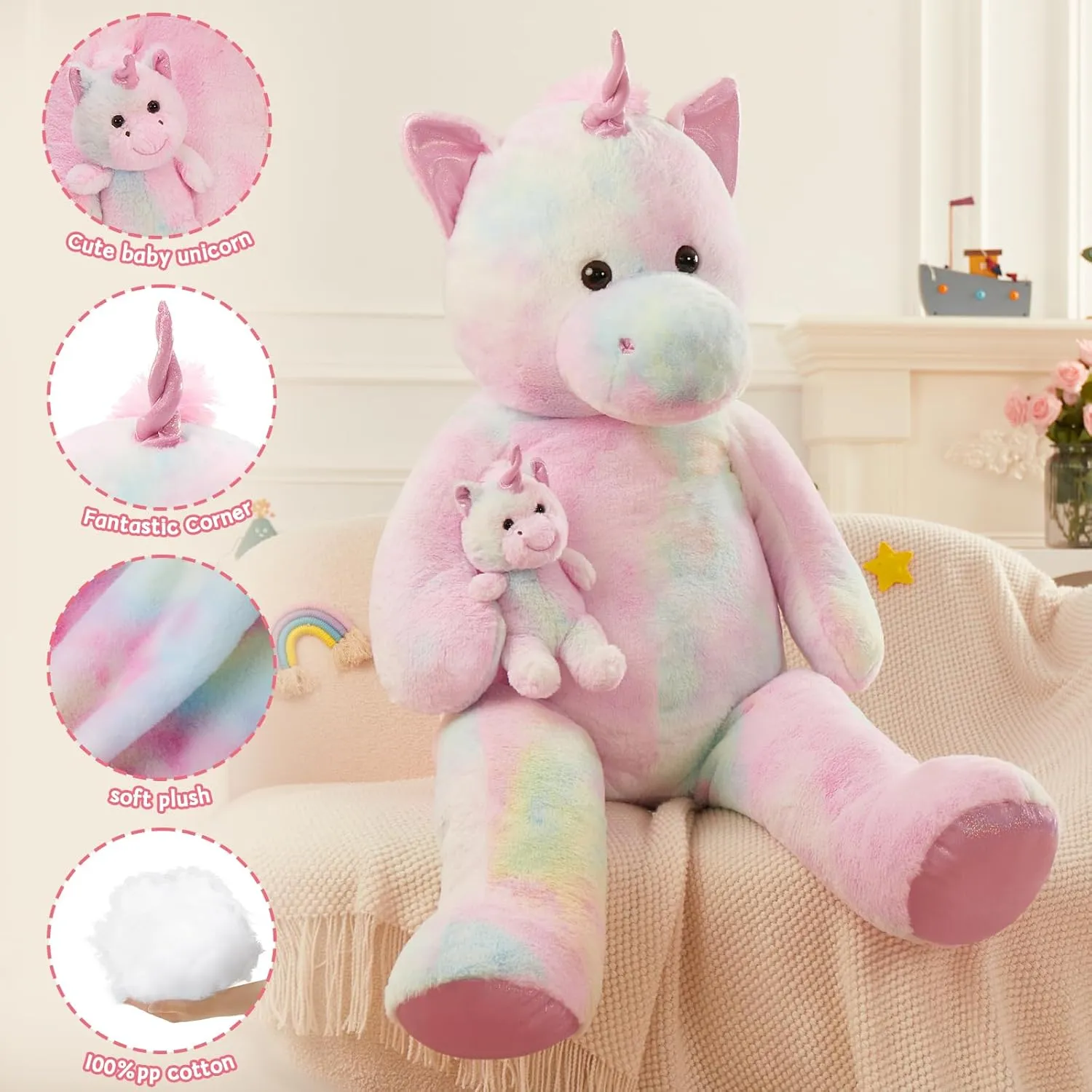 MorisMos Giant Unicorn Stuffed Animal 4 Foot,51'' Large Stuffed Unicorn Toys for Girl Boy,Big Mommy Plush with Baby Pony Doll,Giant Stuffed Animal Gifts for Kid Birthday Girlfriend Valentines