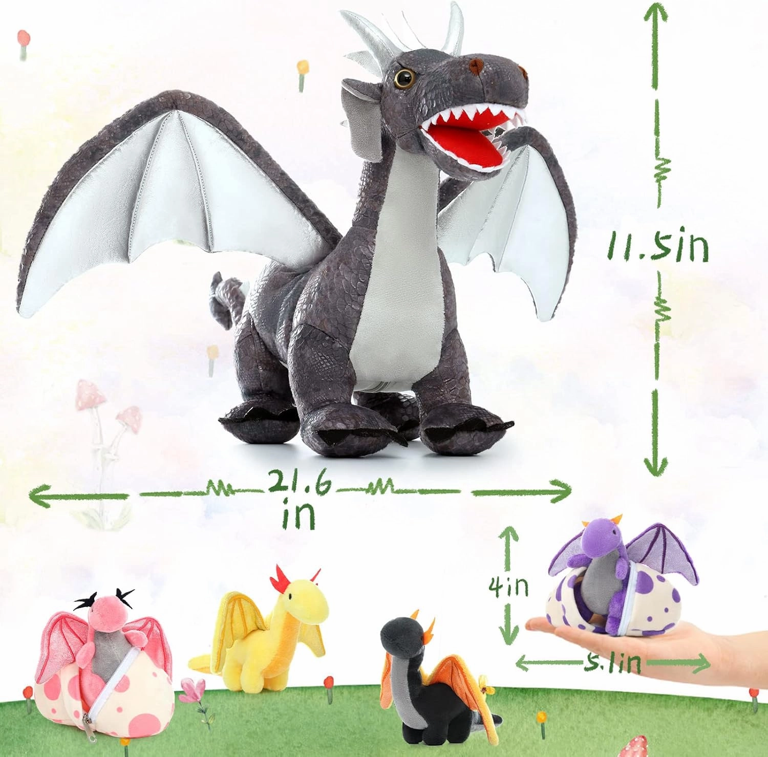 Muiteiur Large Dragon Stuffed Animal Set,21.6 Inch Mommy Dragon with 4 Baby Dragon Plush 2 Eggs,Soft Dragon Plush Toy Gift for Kids Boys Girls