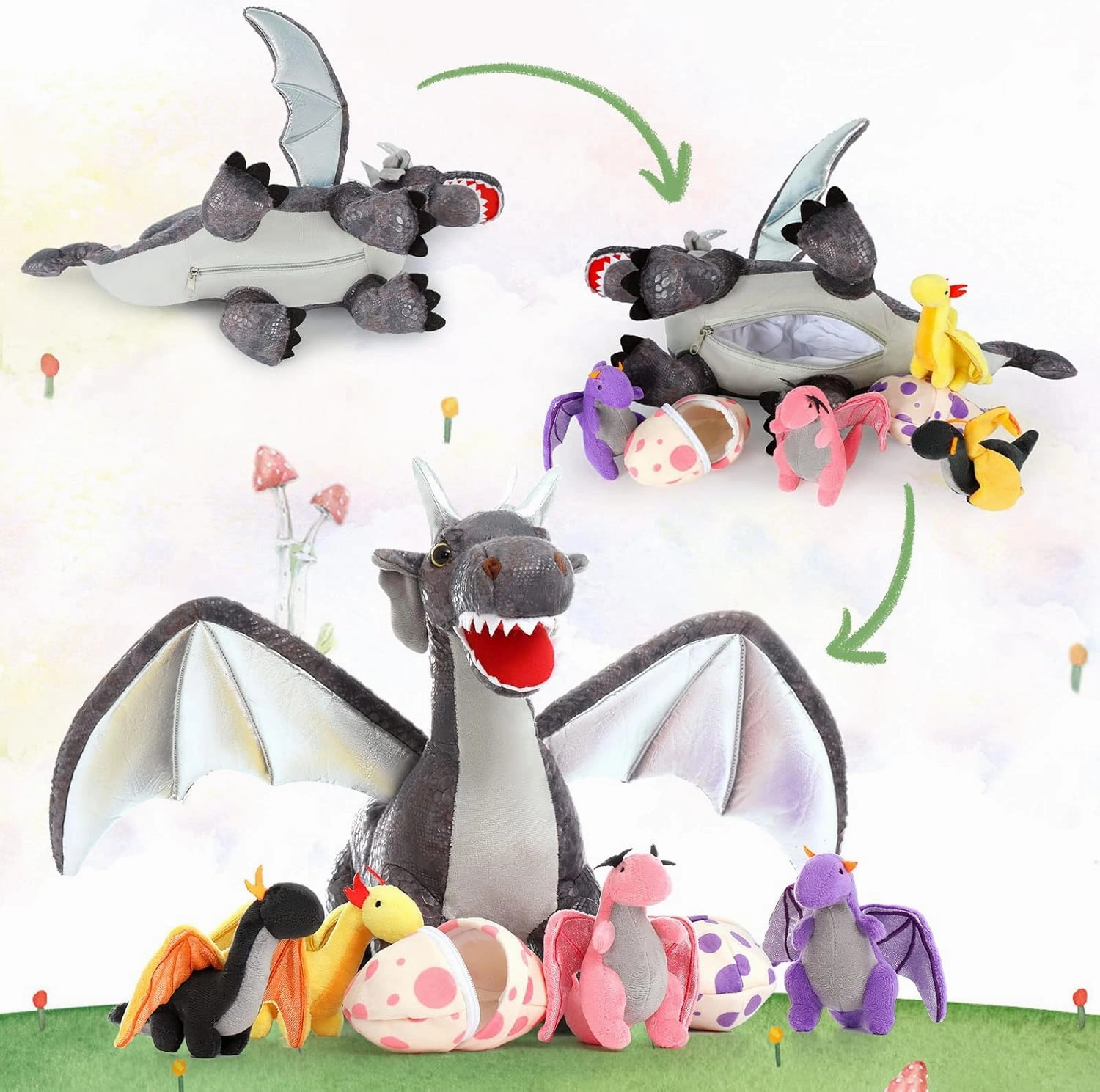 Muiteiur Large Dragon Stuffed Animal Set,21.6 Inch Mommy Dragon with 4 Baby Dragon Plush 2 Eggs,Soft Dragon Plush Toy Gift for Kids Boys Girls