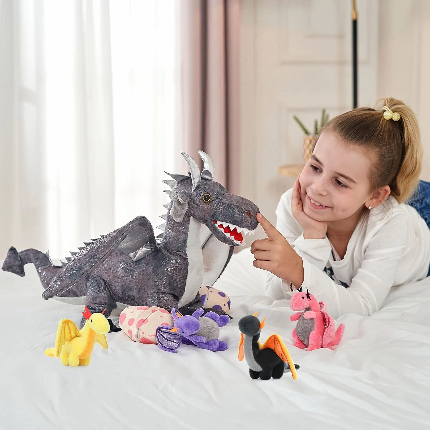 Muiteiur Large Dragon Stuffed Animal Set,21.6 Inch Mommy Dragon with 4 Baby Dragon Plush 2 Eggs,Soft Dragon Plush Toy Gift for Kids Boys Girls