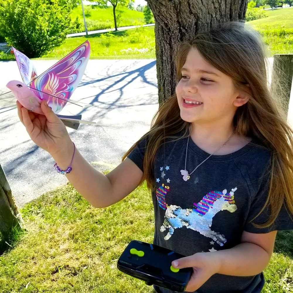 MUKIKIM eBird Pink Butterfly - Flying RC Bird Drone Toy for Kids. Indoor/Outdoor Remote Control Bionic Flapping Wings Bird Helicopter. USB Recharging. Creative Child Preferred Choice Award Winner