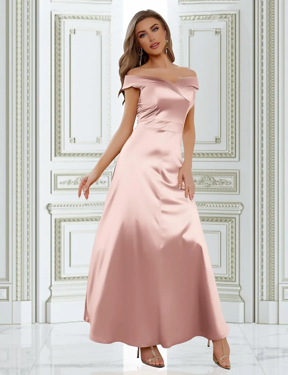 MUXXN Women's Vintage 50s Peter Pan V Neck Wedding Prom Party Floor Length Dress